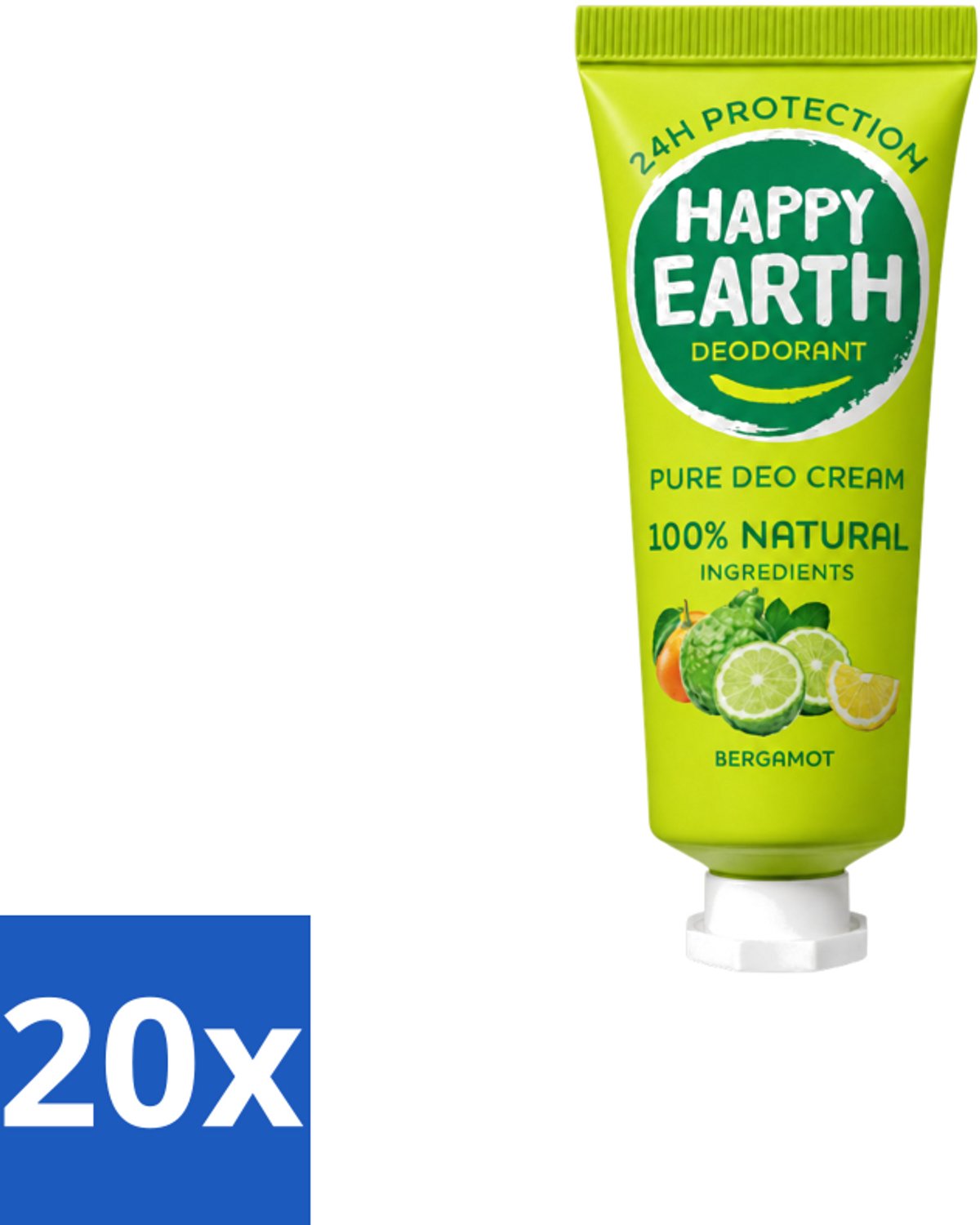 20 x Happy Earth – Deodorant Cream – 100% Natuurlijk Bergamot – 40 ml - Voordeelverpakking - 20 stuks