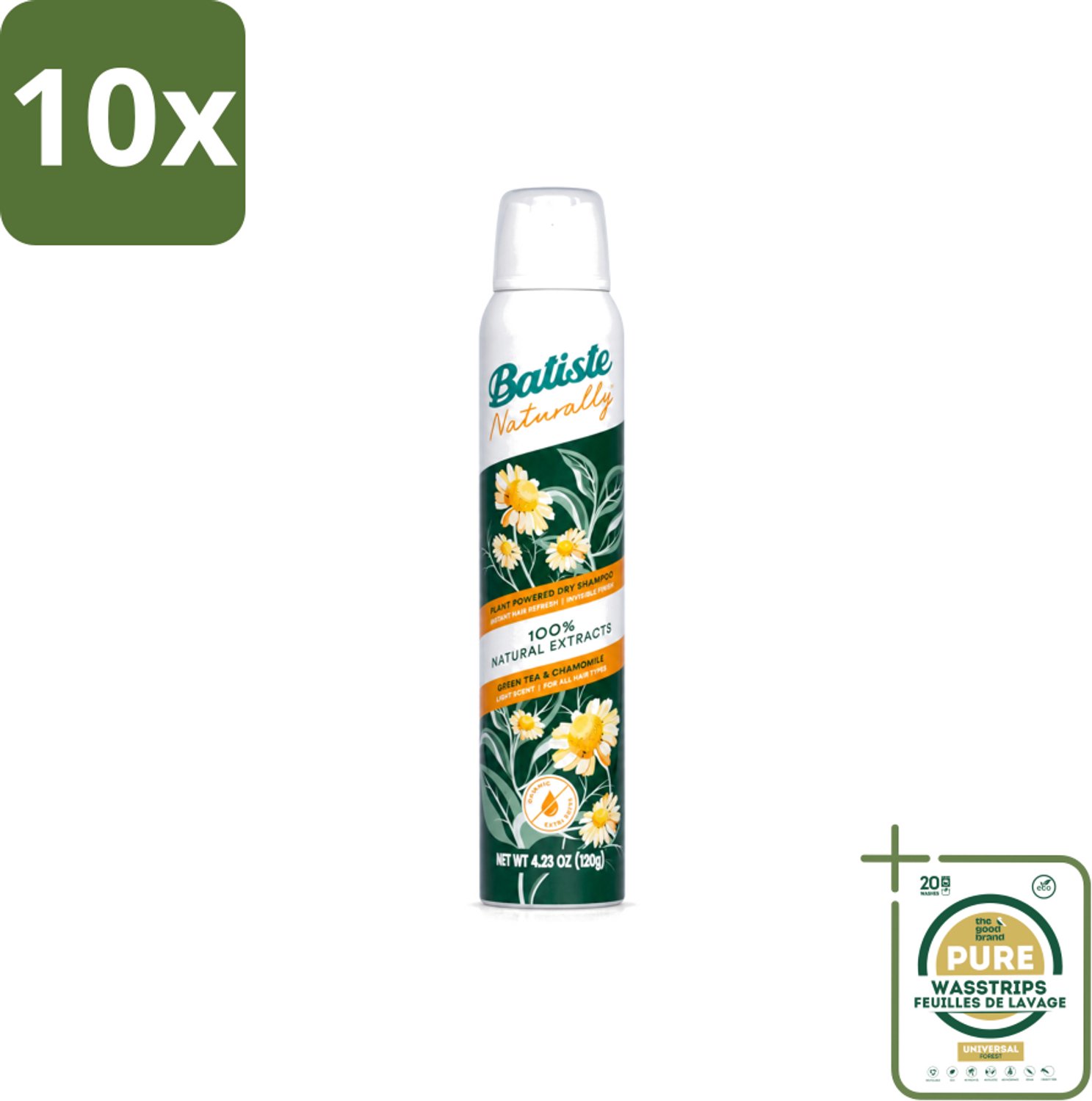 10 x Batiste - Naturally Green Tea & Chamomile - Droogshampoo - 100% Natuurlijke Extracten - Verfrist en Zuivert - 200ml - Wasstrips - Natuurlijke Haarverzorging - Droogshampoo - Groene Thee - Kamille - Haarkleur