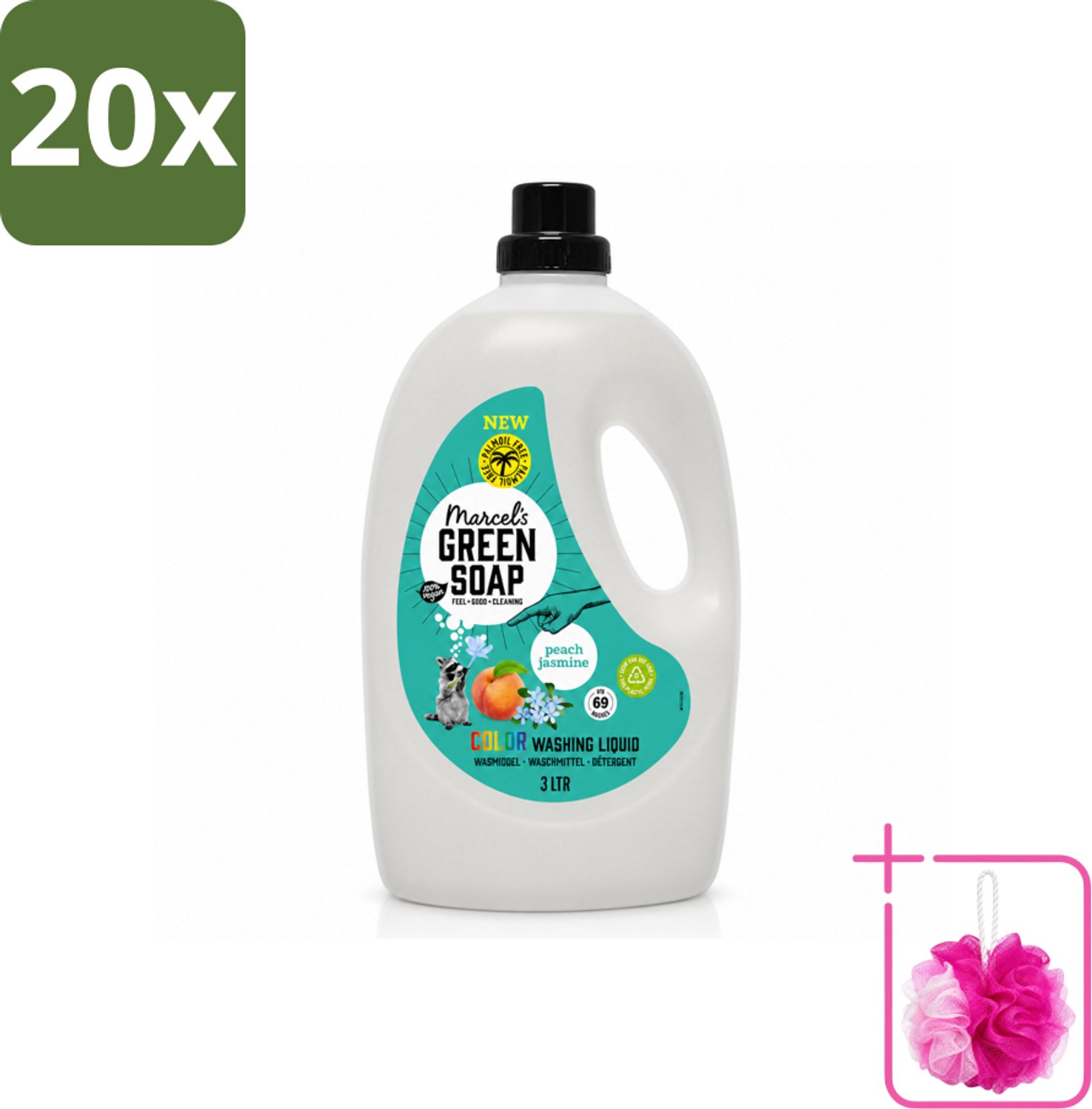 20 x Marcel's Green Soap - Vloeibaar Wasmiddel - Kleurwas - Perzik & Jasmijn - Natuurlijk & effectief - 69 wasbeurten - 3 liter - Bulkverpakking - Vloeibaar wasmiddel - Douchemop - Gekleurd was