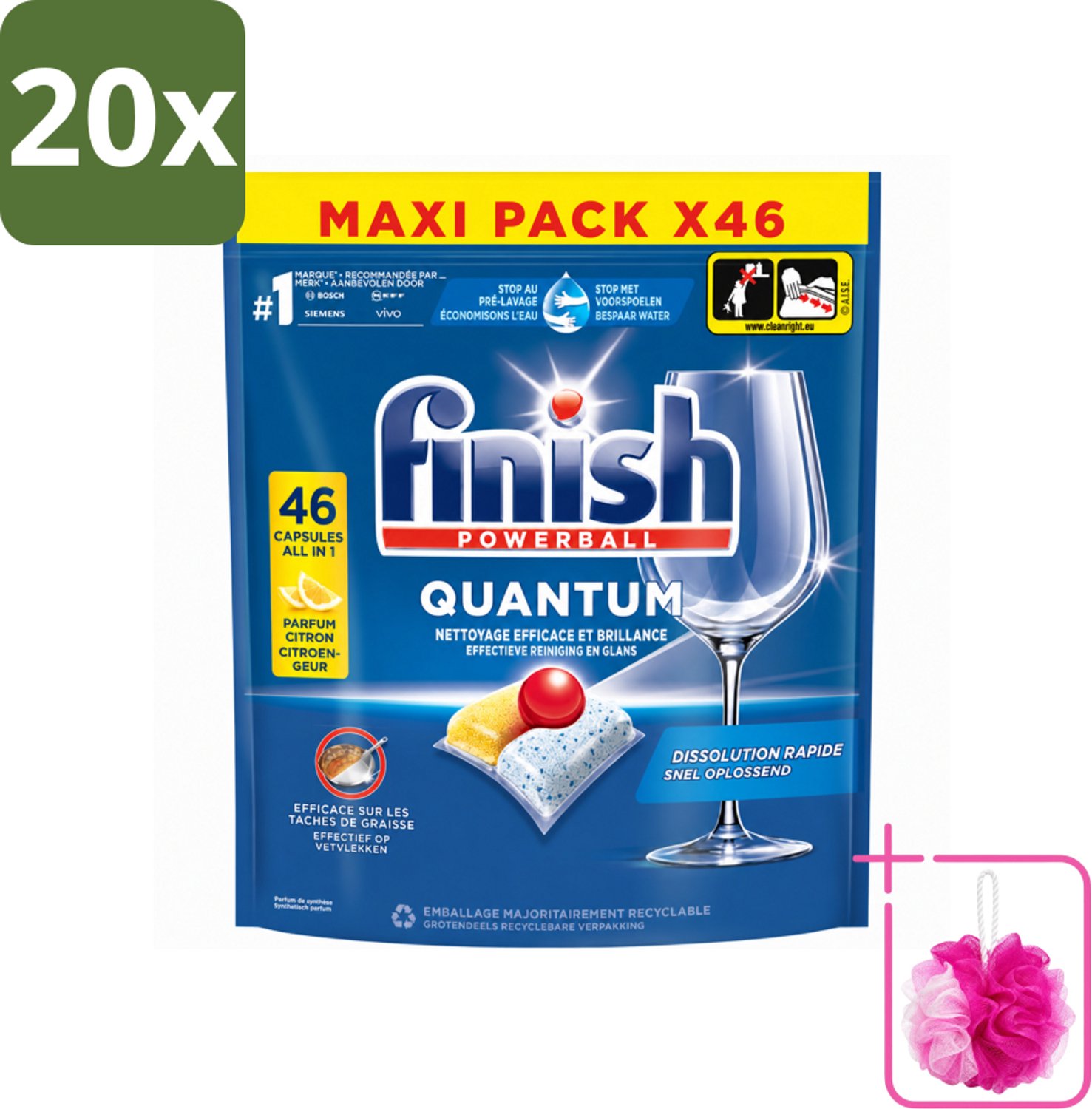 20 x Finish - Vaatwasmiddel - Quantum Vaatwastabletten Citroen - Diepe Reiniging & Frisheid - 46 capsules - Bulkverpakking - Vaatwastabletten - Douchemop - Diepe reiniging