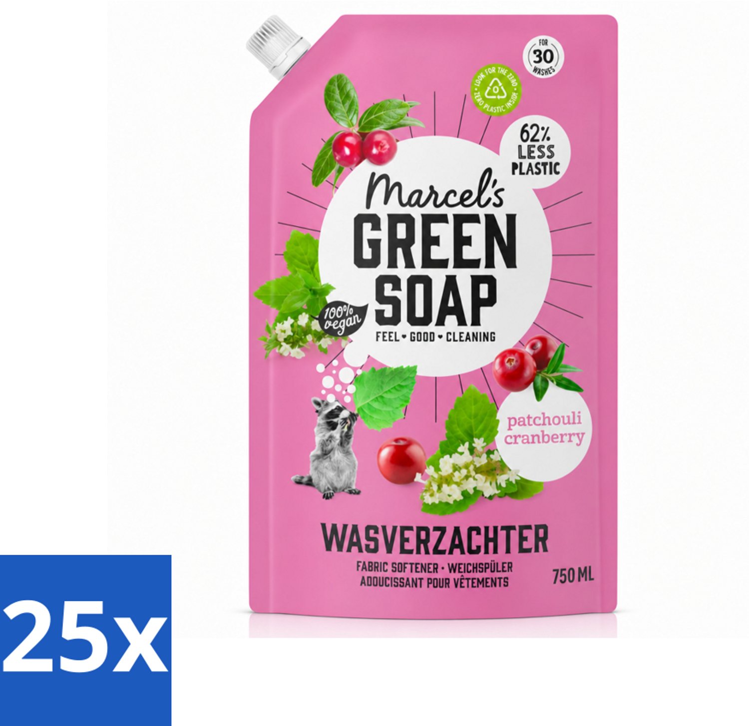 25 x Marcel’s Green Soap – Wasverzachter – Patchouli & Cranberry - Navulling – 750 ml - Voordeelverpakking - 25 stuks