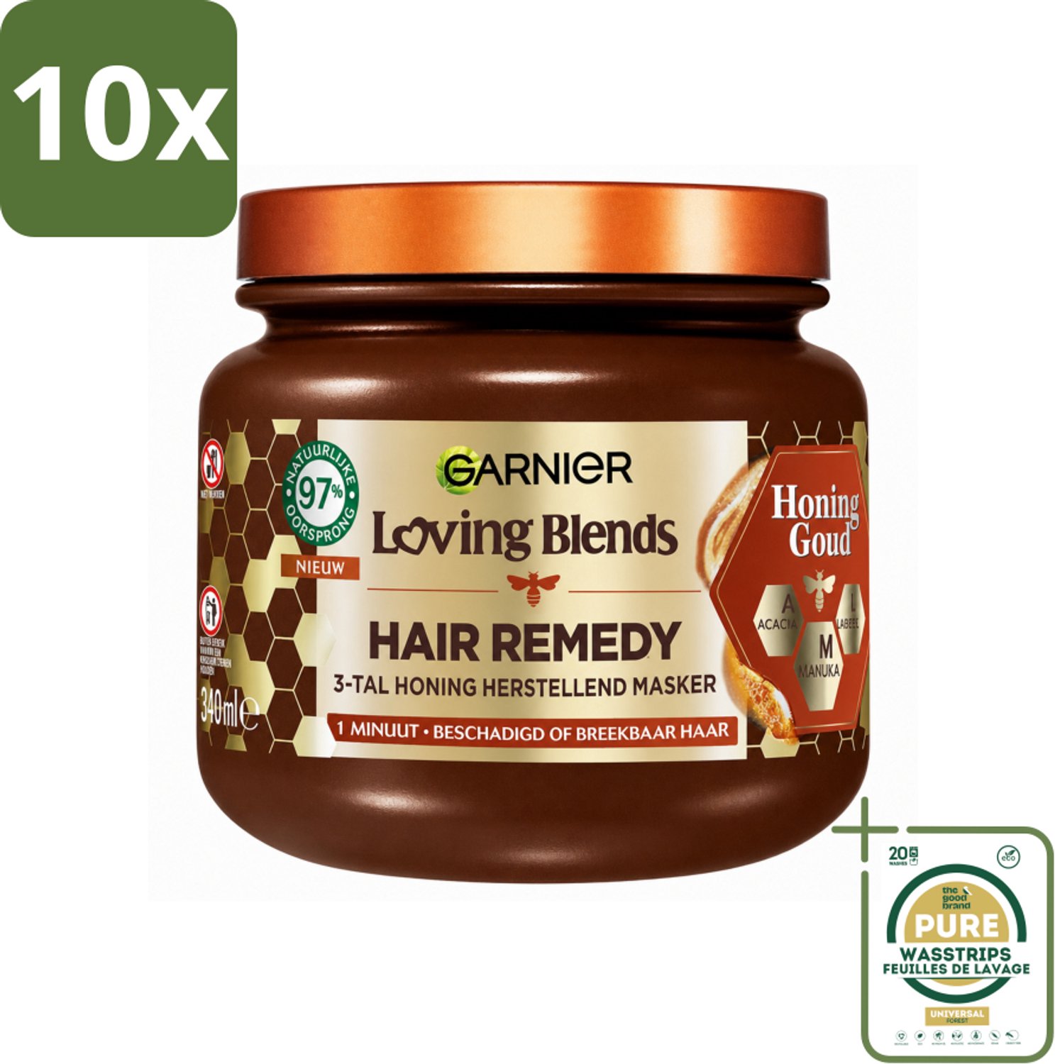 10 x Garnier - Loving Blends Honing Goud - Hair Remedy Haarmasker - Beschadigd & Breekbaar Haar - 340 ml - Wasstrips - Haarherstel - Haarmasker - Haarscheuren - Haarbreuk - Gespleten Punten