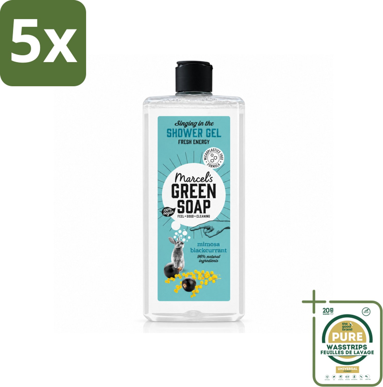 5 x Marcel's Green Soap - Douchegel - Mimosa & Zwarte Bes - Verzorgend & zacht - 300 ml - Wasstrips - Douchegel - Natuurlijke Douchegel - Ecologische Douchegel - Vegan Douchegel - Verzorgende Douchegel