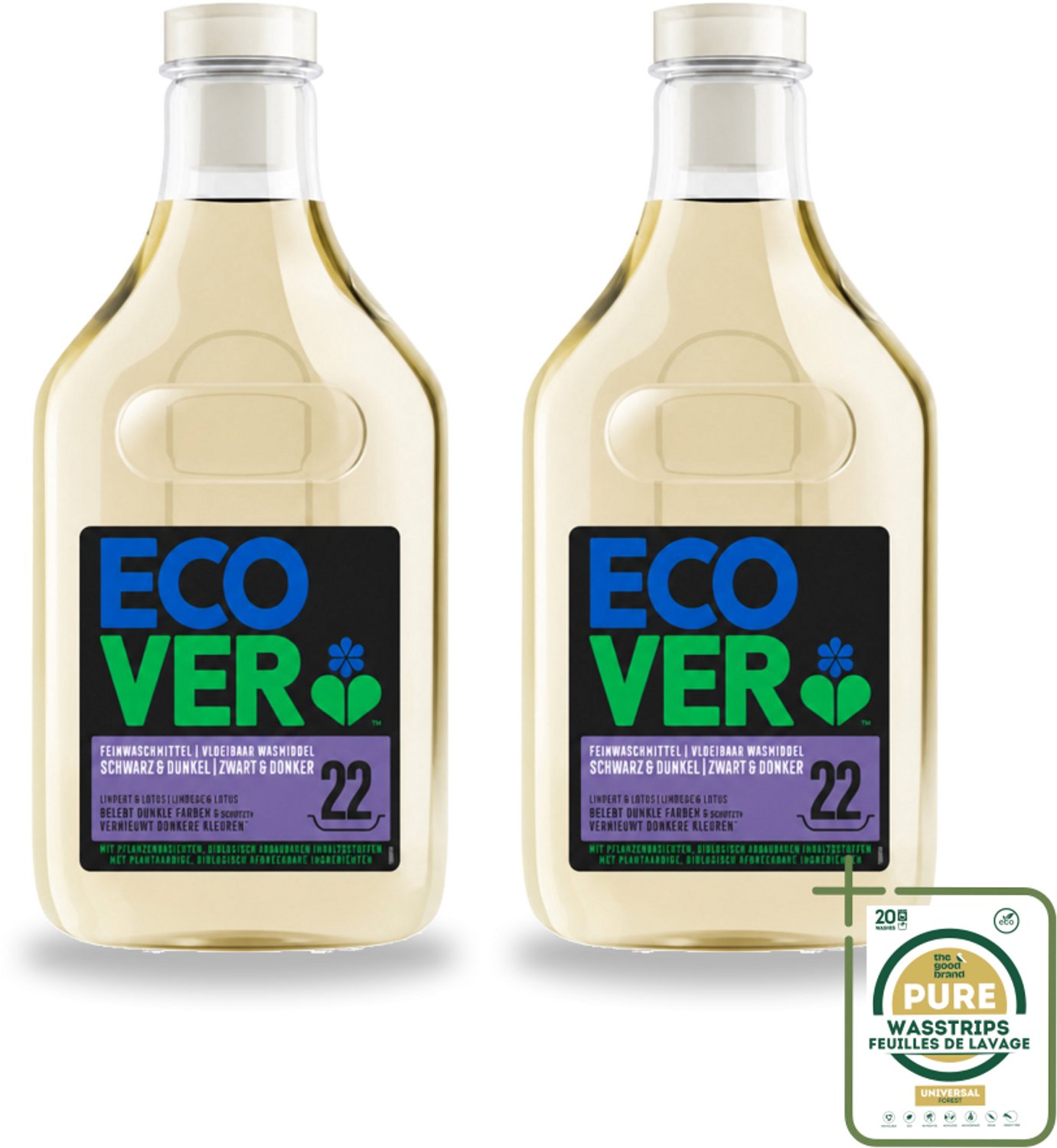 2 x Ecover - Vloeibaar wasmiddel - Zwart & Donker - 1 liter - 22 wasbeurten - Wasstrips - Donker Wasmiddel - Kleurbehoud - Donkere Stoffen - Kleuroverdracht Voorkomen - Ecologisch Wasmiddel