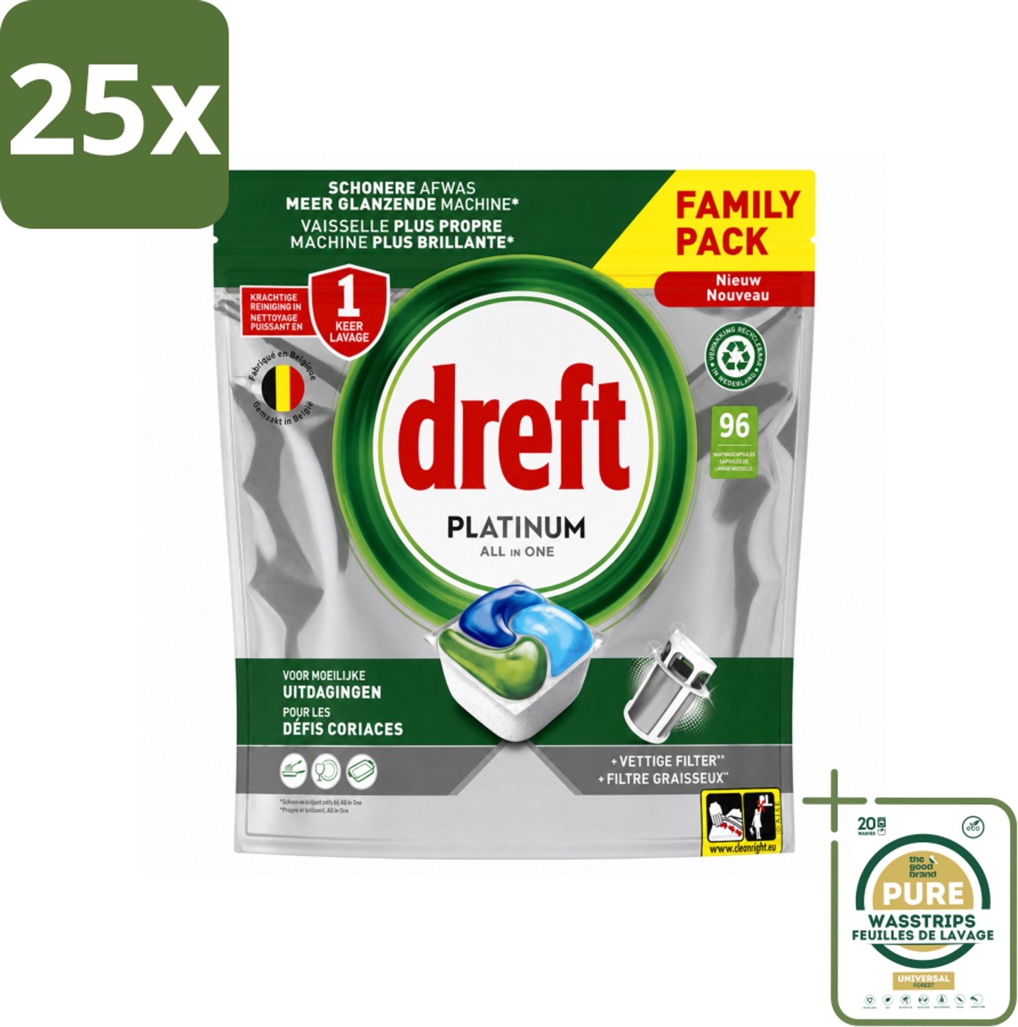25 x Dreft - Vaatwastabletten - Platinum All-in-One Origineel - Grootverpakking - 96 Tabletten - Wasstrips - Vaatwasmiddel - Vaatwastabletten - Schone Vaat - Vetvrij - Vaatwasser Reinigen