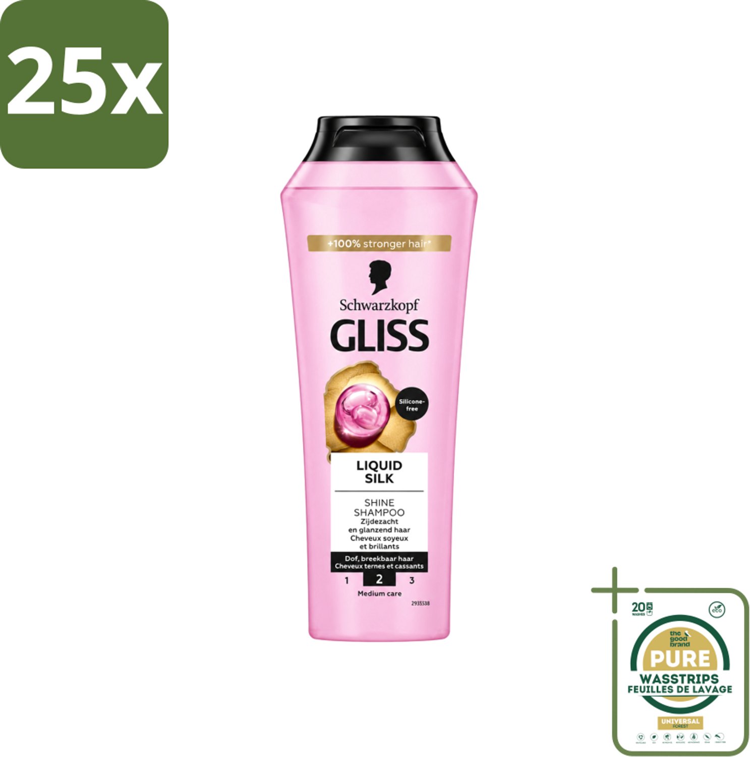 25 x Gliss - Shampoo - Liquid Silk - Voor Glanzend en Zijdezacht Haar - 250 ml - Wasstrips - Haarverzorging - Glansshampoo - Zijdezacht Haar - Lichtgewicht Shampoo - Siliconenvrije Shampoo