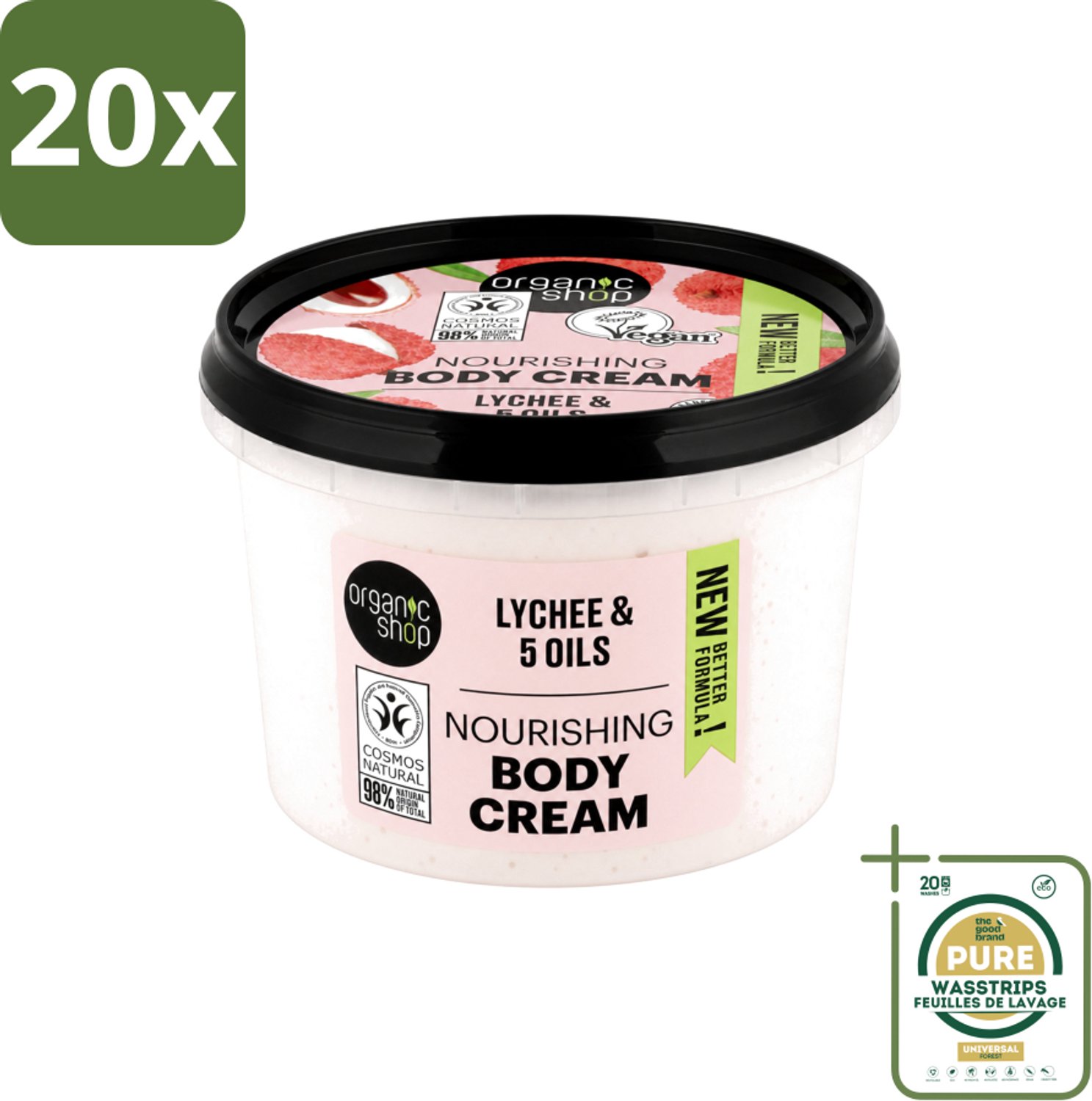20 x Organic Shop - Nourishing Body Cream Lychee - Hydraterend en Voedend - 250 ml - Wasstrips - Hydraatende Crème - Voedende Crème - Lychee Crème - Natuurlijke Crème - Huidverzorging