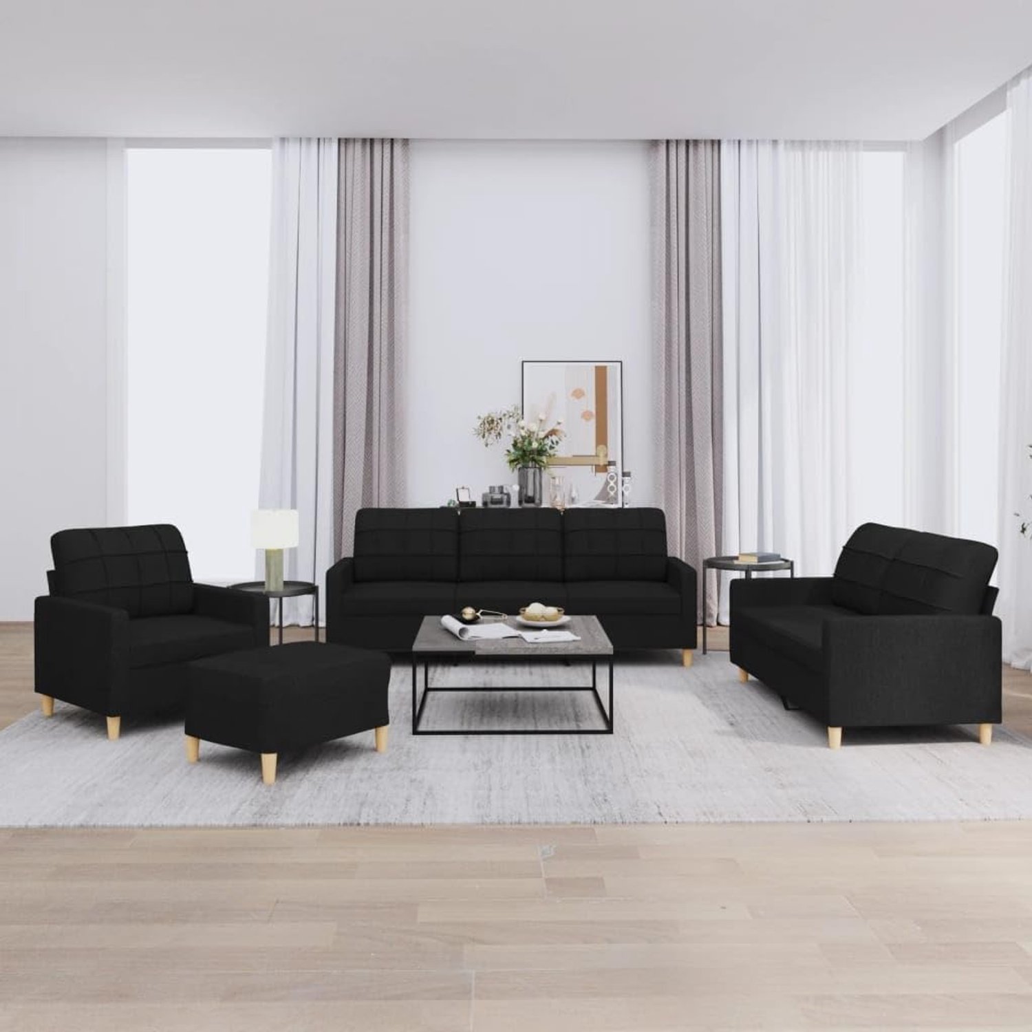 4-delige bankset met kussen, zwarte stof, sofaset voor woonkamer, met comfortabele bekleding en robuust metalen frame