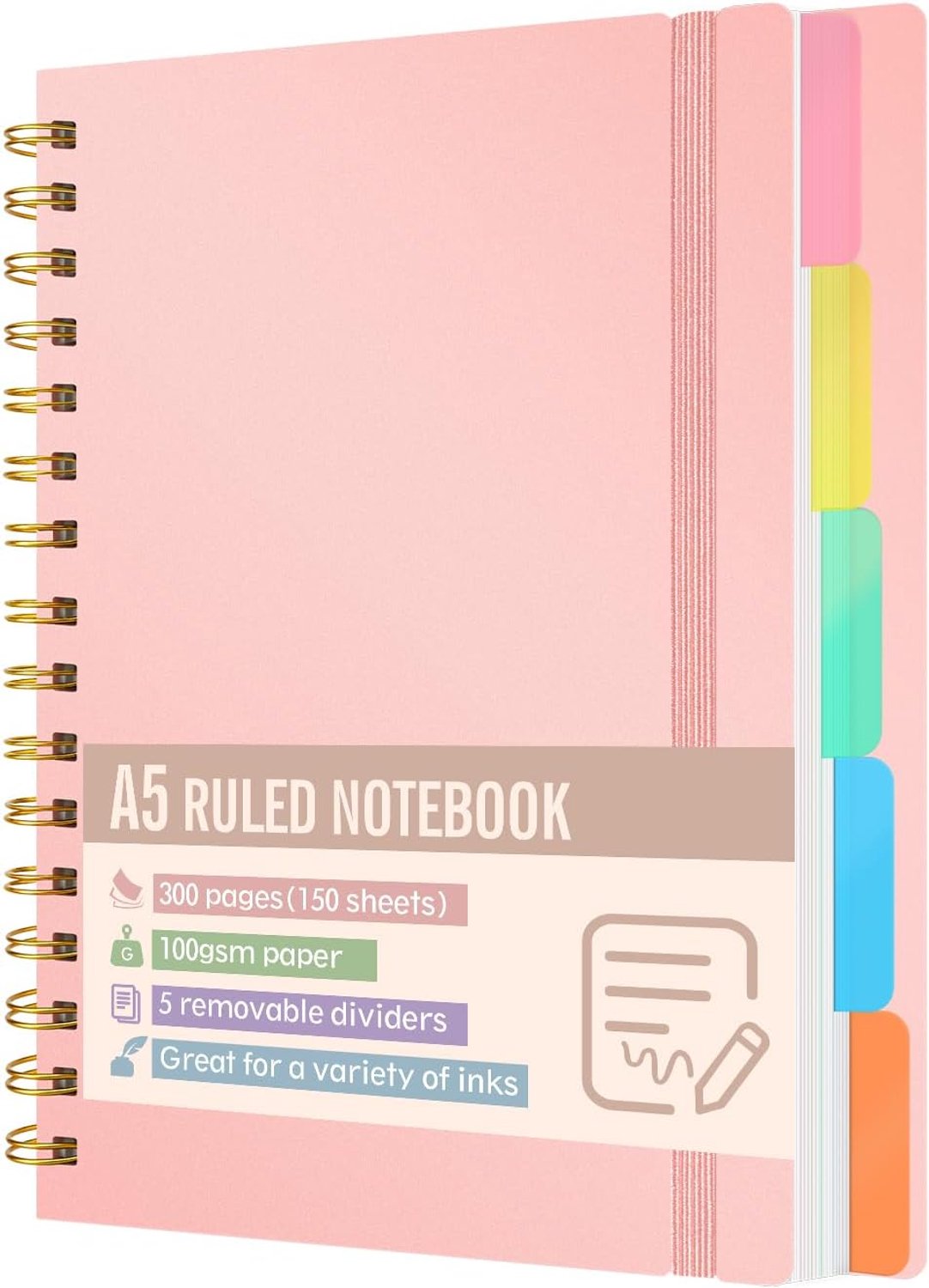Notitieboek, gelinieerd met 5 uitneembare scheidingsbladen, 300 pagina's papier 100 g/m², hardcover, spiraalbinding, tabbladen voor studie, kantoor en planning