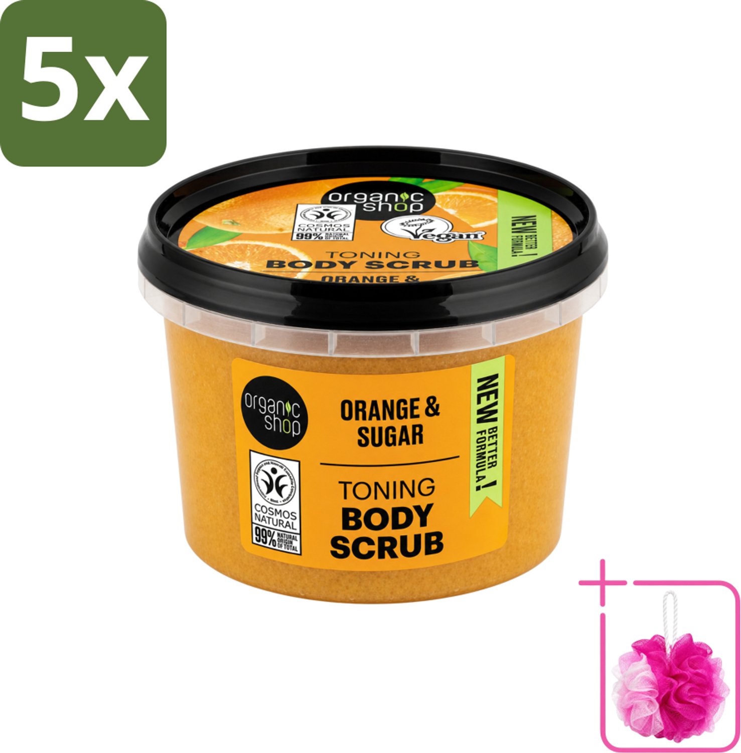 5 x Organic Shop - Body Scrub Orange - Verzorgend en Geurend - 250 ml - Bulkverpakking - Bodyscrub - Douchemop - Huidverzorging
