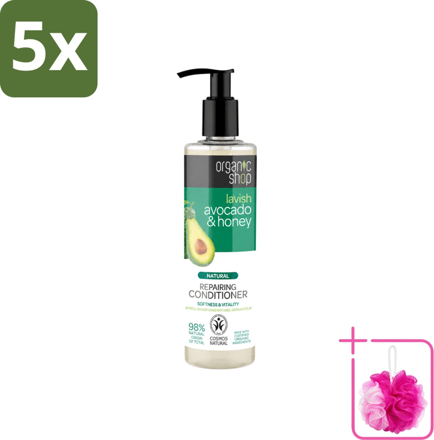 5 x Organic Shop - Natural Repairing Conditioner - Avocado & Honey - 280 ml - Bulkverpakking - Herstel haar - Douchemop - Natuurlijke conditioner