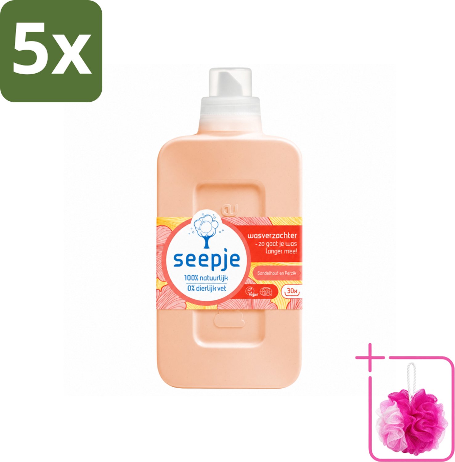 5 x Seepje - Wasverzachter - Verzorgt en Verfrist - Sandelhout en Perzik - 30 Wasbeurten - 750 ml - Bulkverpakking - Wasverzachter - Douchemop - Natuurlijke wasverzachter