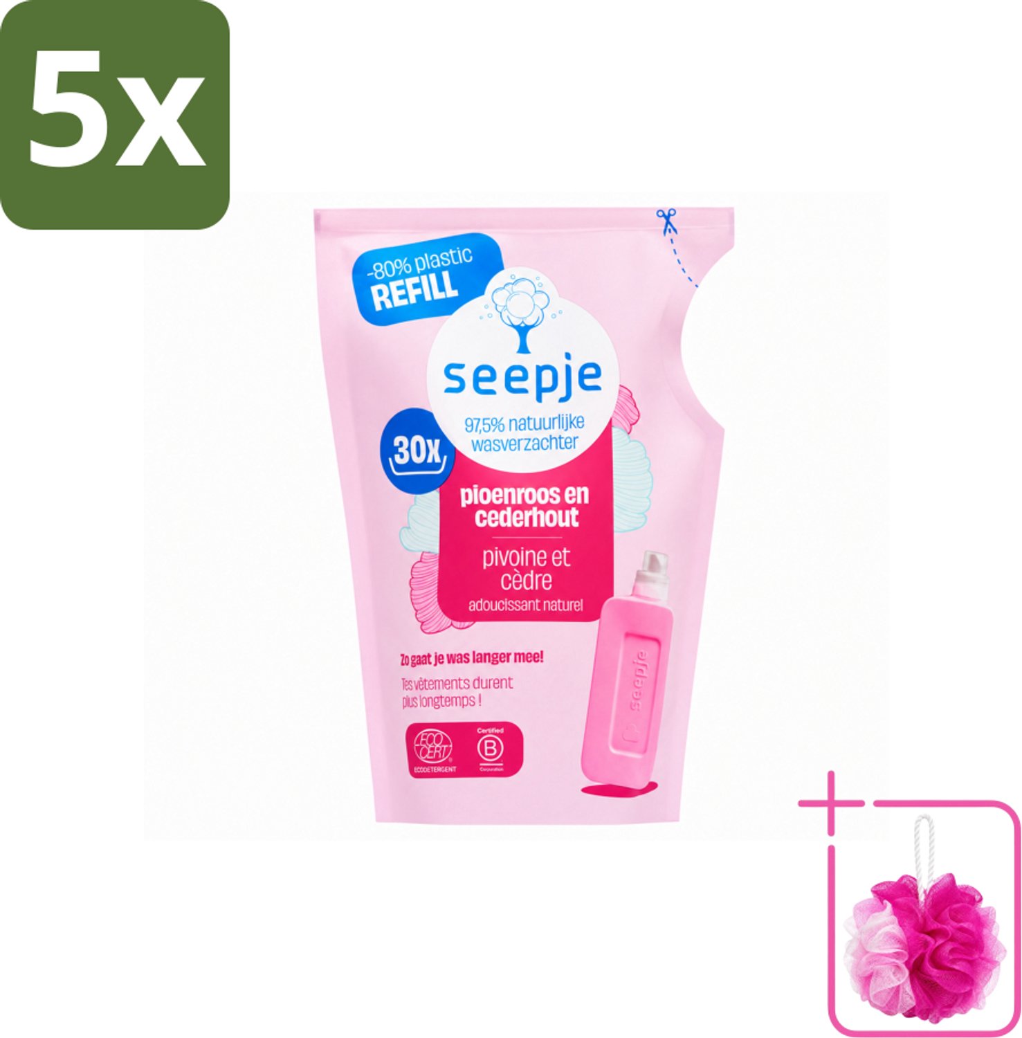 5 x Seepje - Wasverzachter - Duurzaam & Frisse Geur - Navulling - Pioenroos en Cederhout - 30 Wasbeurten - 750 ml - Bulkverpakking - Wasverzachter - Douchemop - Natuurlijke wasverzachter
