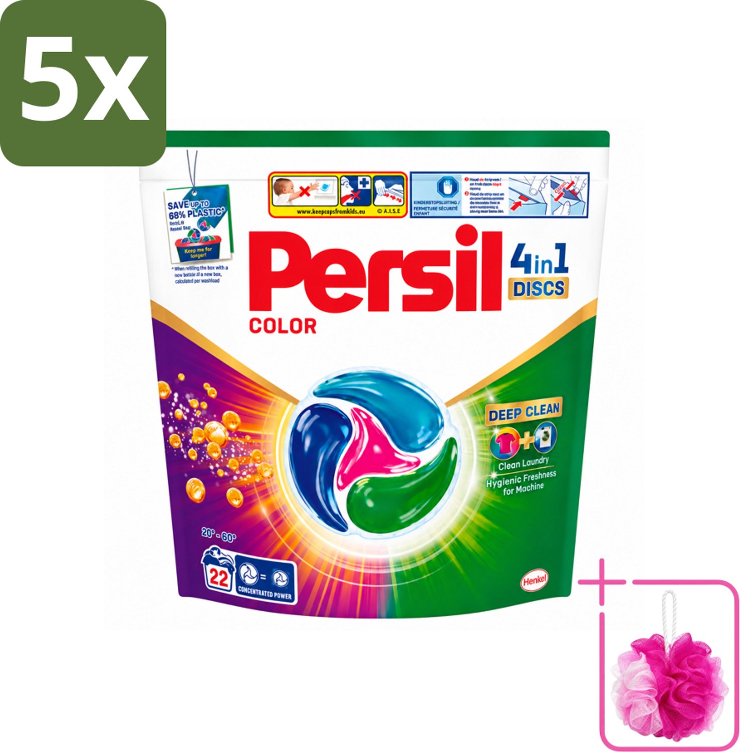 5 x Persil - Wasmiddel - Wasmiddelcapsules Discs Gekleurde Was - Voor Gekleurde Was - 22 wasbeurten - Bulkverpakking - Wasmiddel - Douchemop - Wascapsules