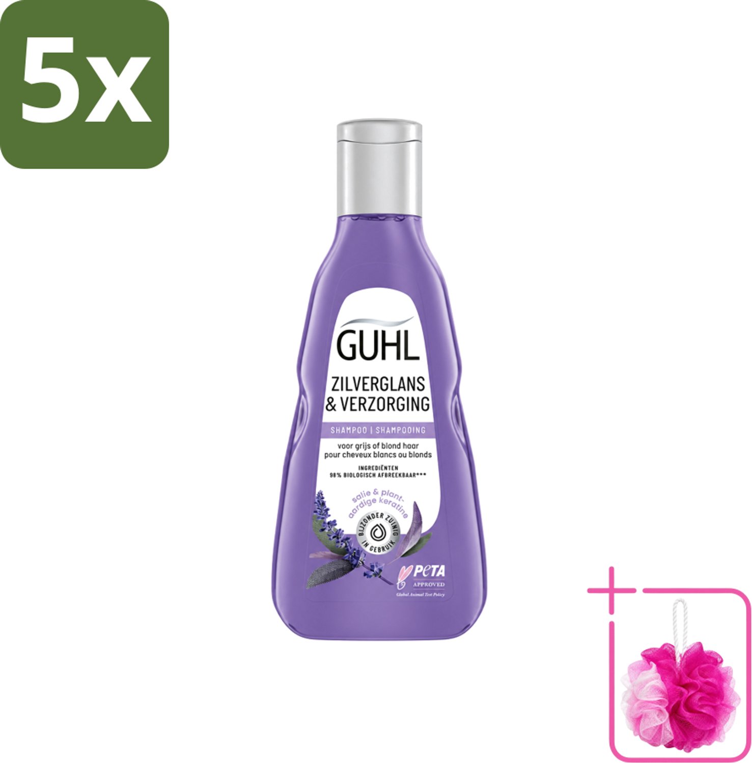 5 x Guhl - Shampoo - Zilverglans & Verzorging - 250 ml - Bulkverpakking - Zilverglans shampoo - Douchemop - Anti-geel effect