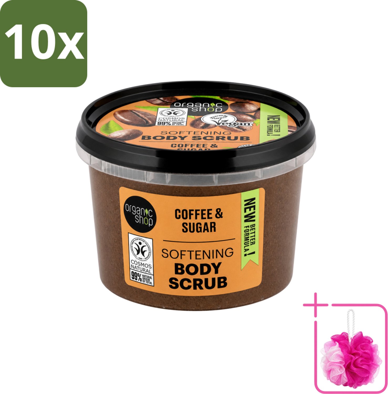 10 x Organic Shop - Organic Coffee & Sugar Body Scrub - Hydraterend en Peeling - 250 ml - Bulkverpakking - Bodyscrub - Douchemop - Natuurlijke peeling