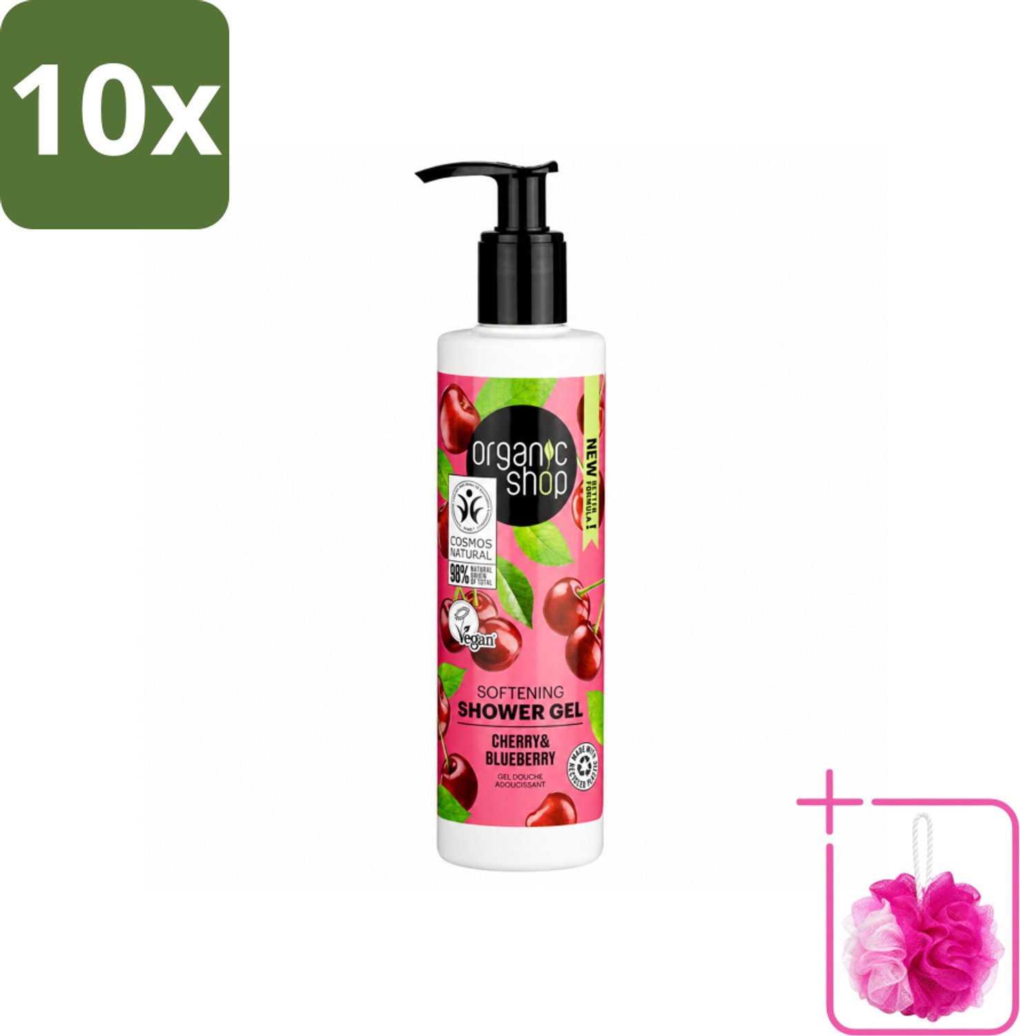 10 x Organic Shop - Douchegel Cherry & Blueberry - Verfrissend en Hydraterend - 280 ml - Bulkverpakking - Douchegel - Douchemop - Natuurlijke douchegel
