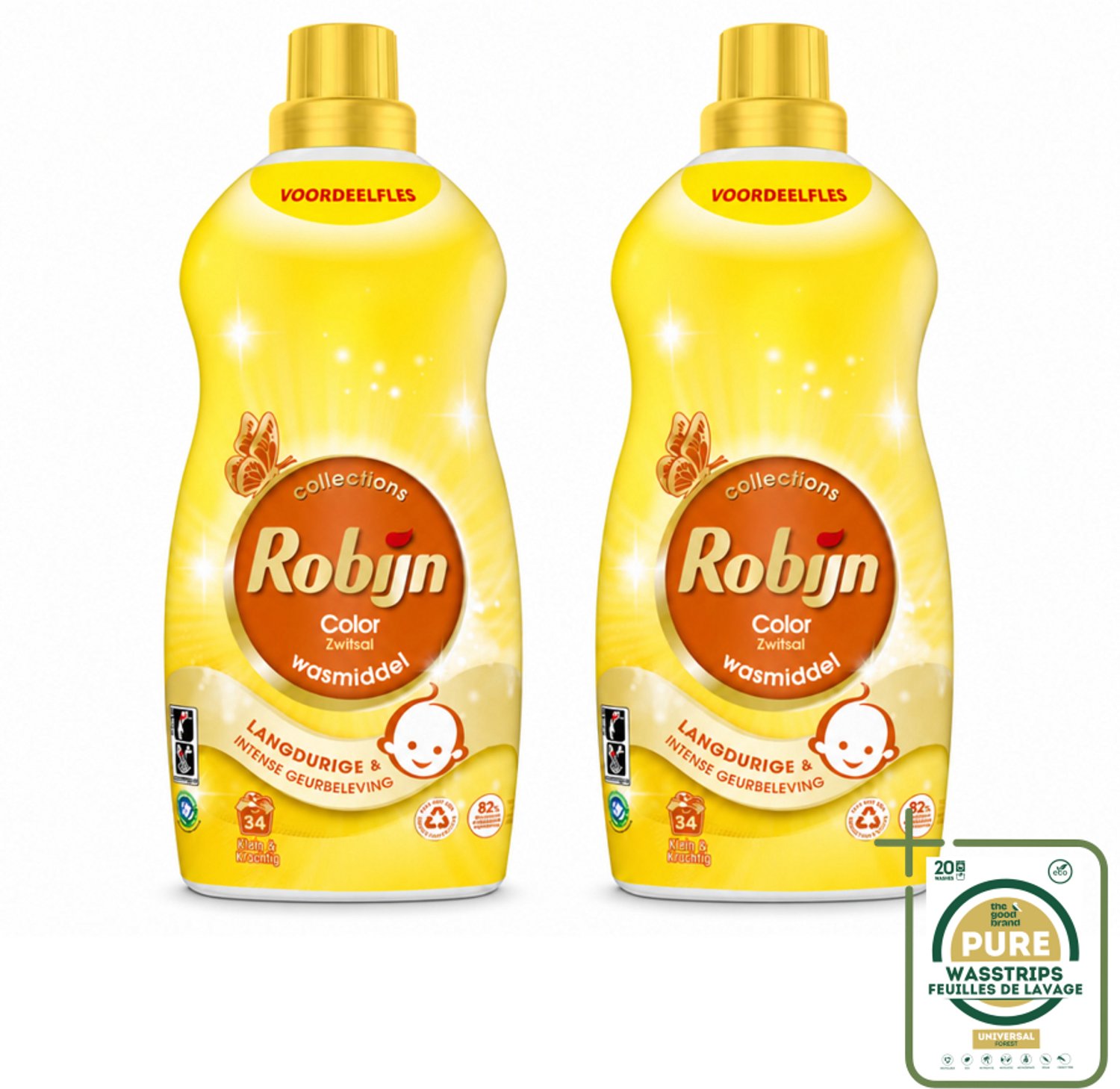 2 x Robijn - Klein & Krachtig Zwitsalgeur - Vloeibaar Wasmiddel - 34 Wasbeurten - 1,19 L - Wasstrips - Wasmiddel Zwitsal - Geur Zwitsal - Kleurbehoud - Gezond Wasmiddel - Biologisch Afbreekbaar