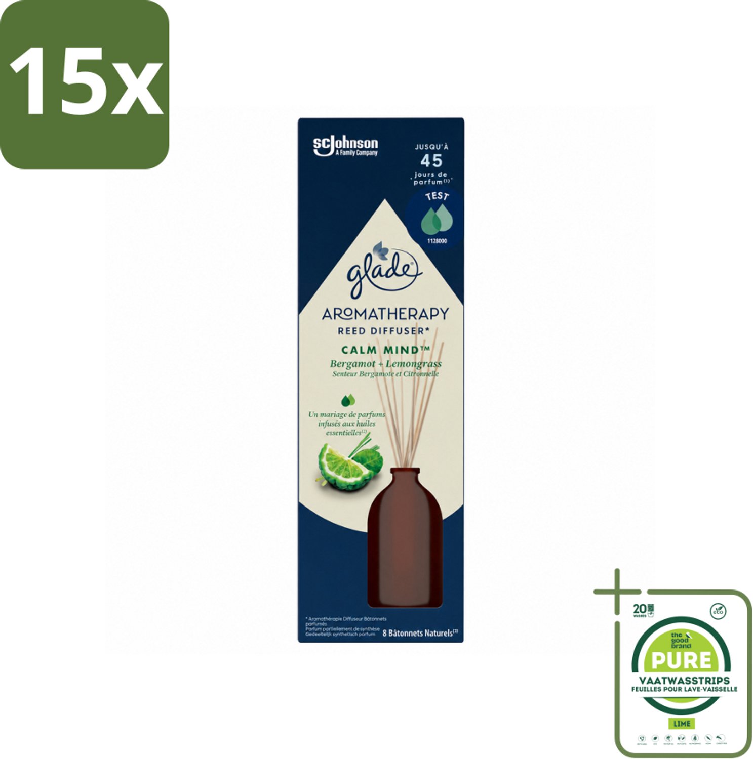 15 x Glade - Geurstokjes Calm Mind - Aromatherapie Geurverspreiding - 80 ml - Grootverpakking - Vaatwasstrips - Geurstokjes - Ontspanning - Geur - Aromatherapie - Rust