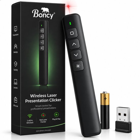 Boncy presentatieklikker verpakking met zwarte klikker, AAA-batterij en USB-ontvanger.