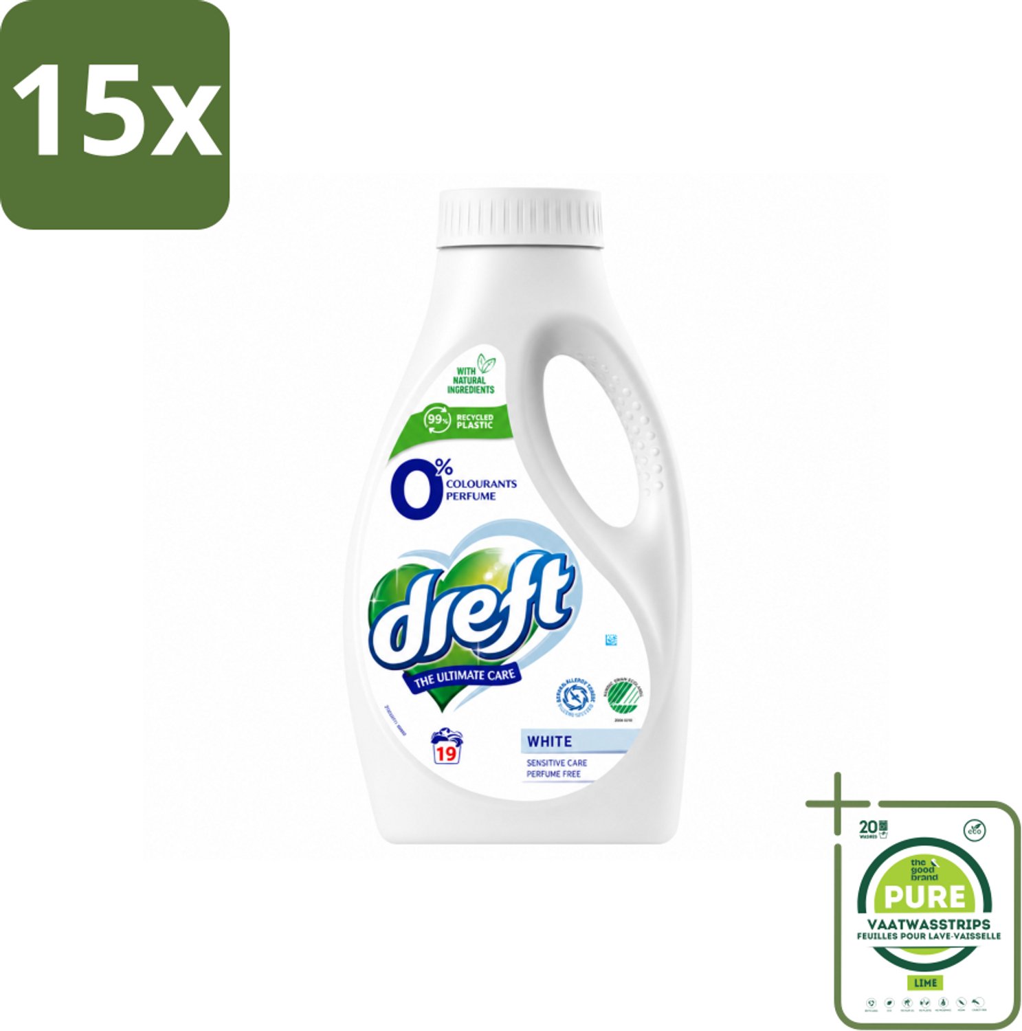 15 x Dreft - Vloeibaar Wasmiddel - 0% Witte Was - Geurvrij & zacht - 19 Wasbeurten - Grootverpakking - Vaatwasstrips - Wasmiddel Voor Gevoelige Huid - 0% Parfum Was - Milde Was - Natuurlijke Was - Was Voor Witte Kleding