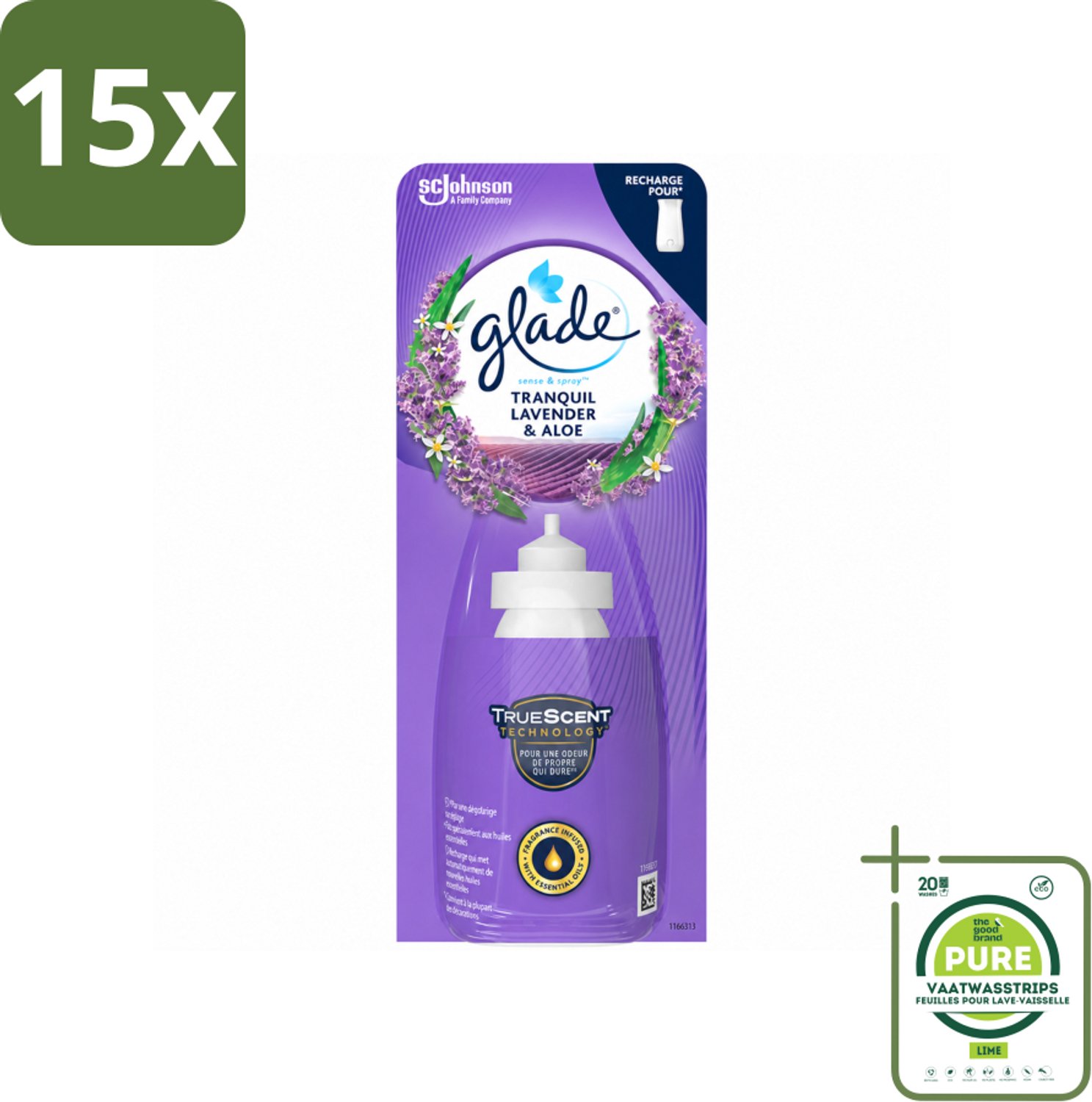 15 x Glade - Sense & Spray Navulling - Tranquil Lavender & Aloë - 18 ml - Grootverpakking - Vaatwasstrips - Geur - Rust - Frisheid - Automatische Geur - Bewegingssensor