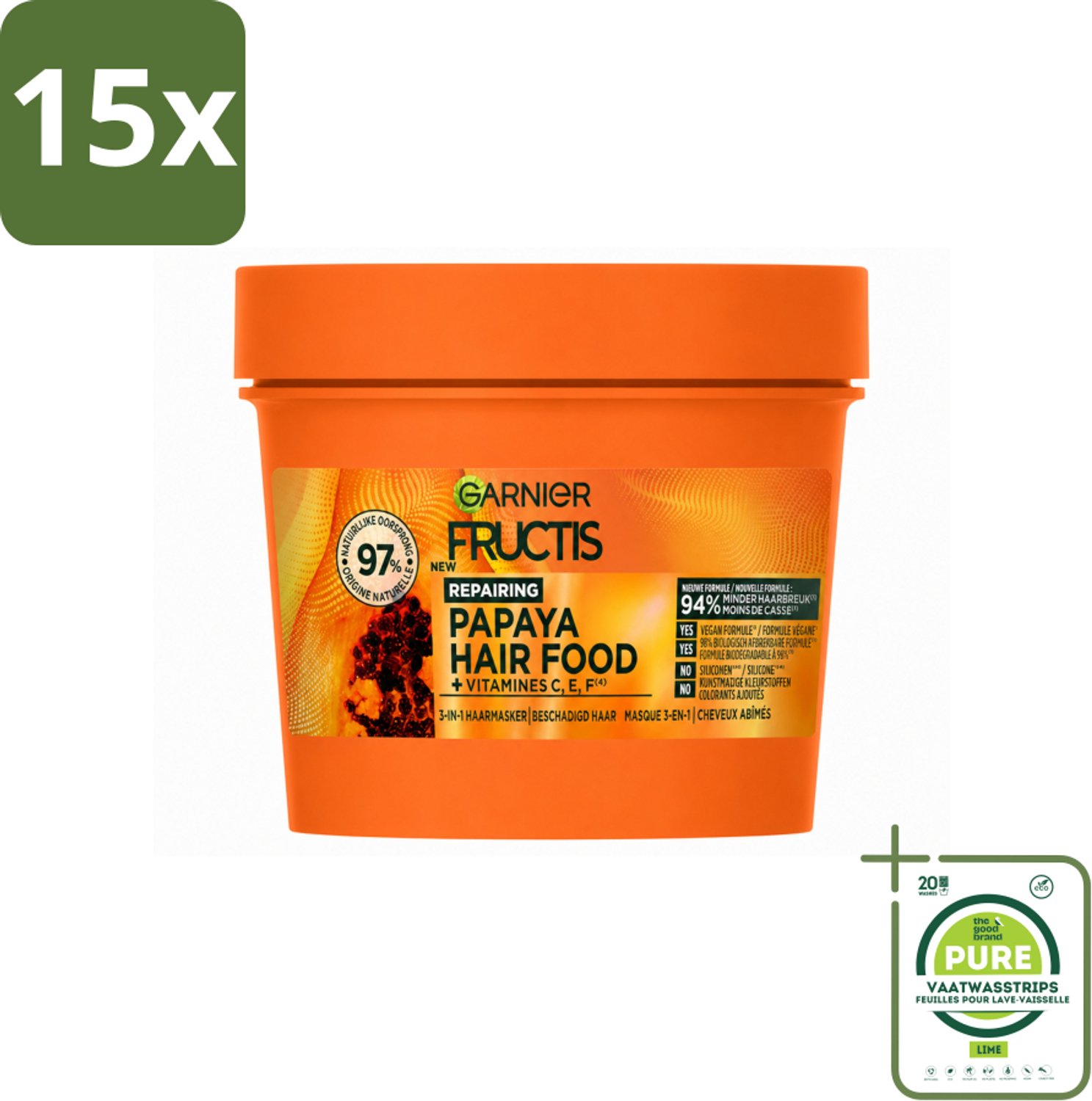 15 x Garnier - Fructis Hair Food Papaya - 3-in-1 Haarmasker - Beschadigd Haar - 400 ml - Grootverpakking - Vaatwasstrips - Haarmasker - Haarvoeding - Beschadigd Haar - Papaya - Kokosolie