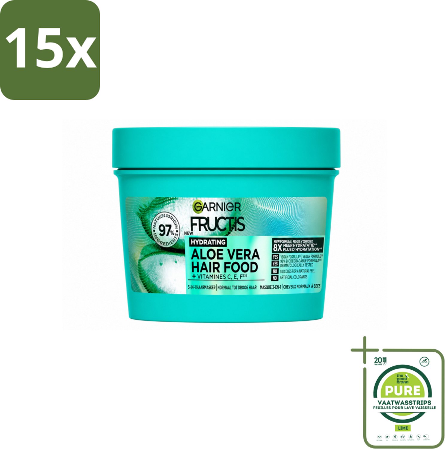 15 x Garnier - Fructis Hair Food Aloe Vera - 3-in-1 Haarmasker - Normaal tot Droog Haar - 400 ml - Grootverpakking - Vaatwasstrips - Haarmasker - Hydratatie - Haarverzorging - Aloe Vera - Normaal Haar