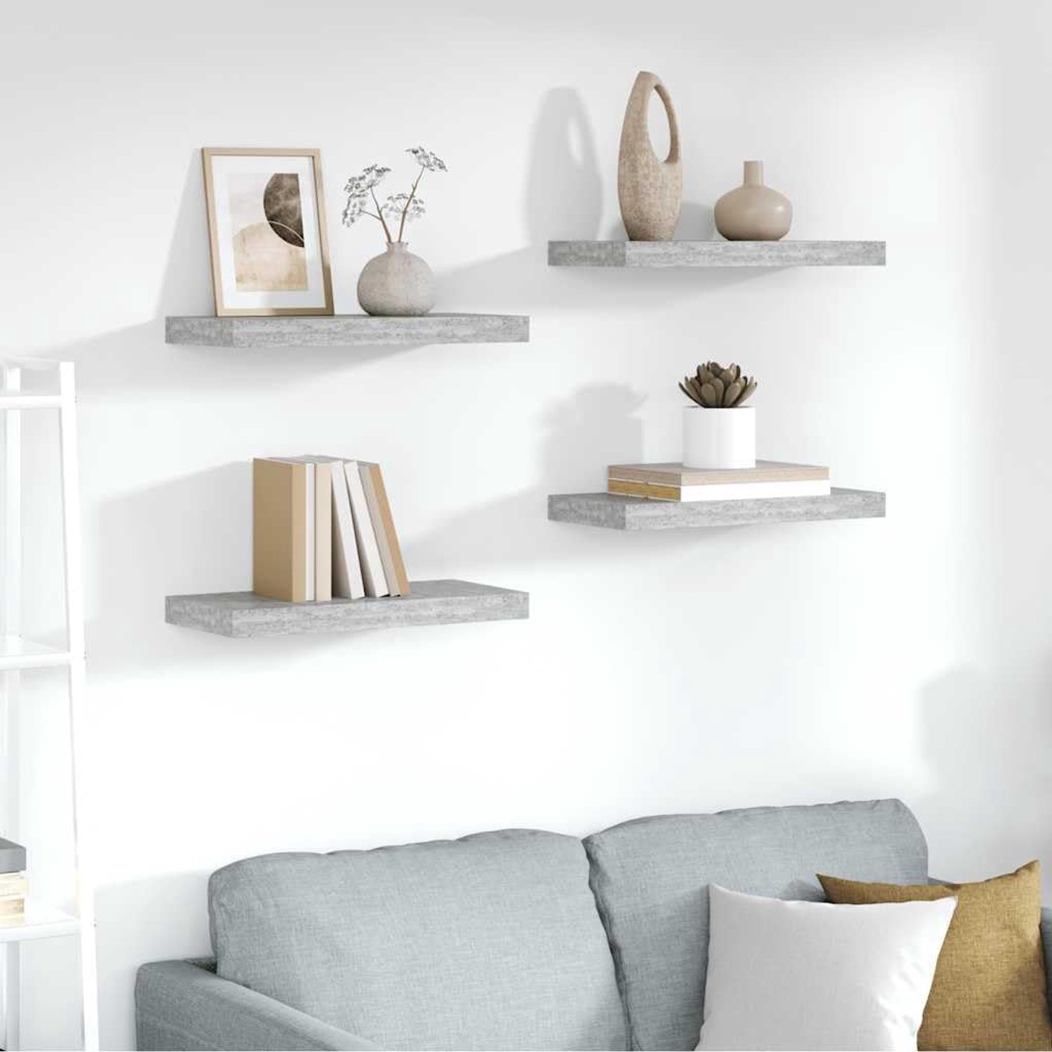Zwevende rekken 4 STUKS. Betongrijs 50x23x3,8 cm MDF wandrek Onzichtbare bevestiging Waben-MDF Metaal Modern design