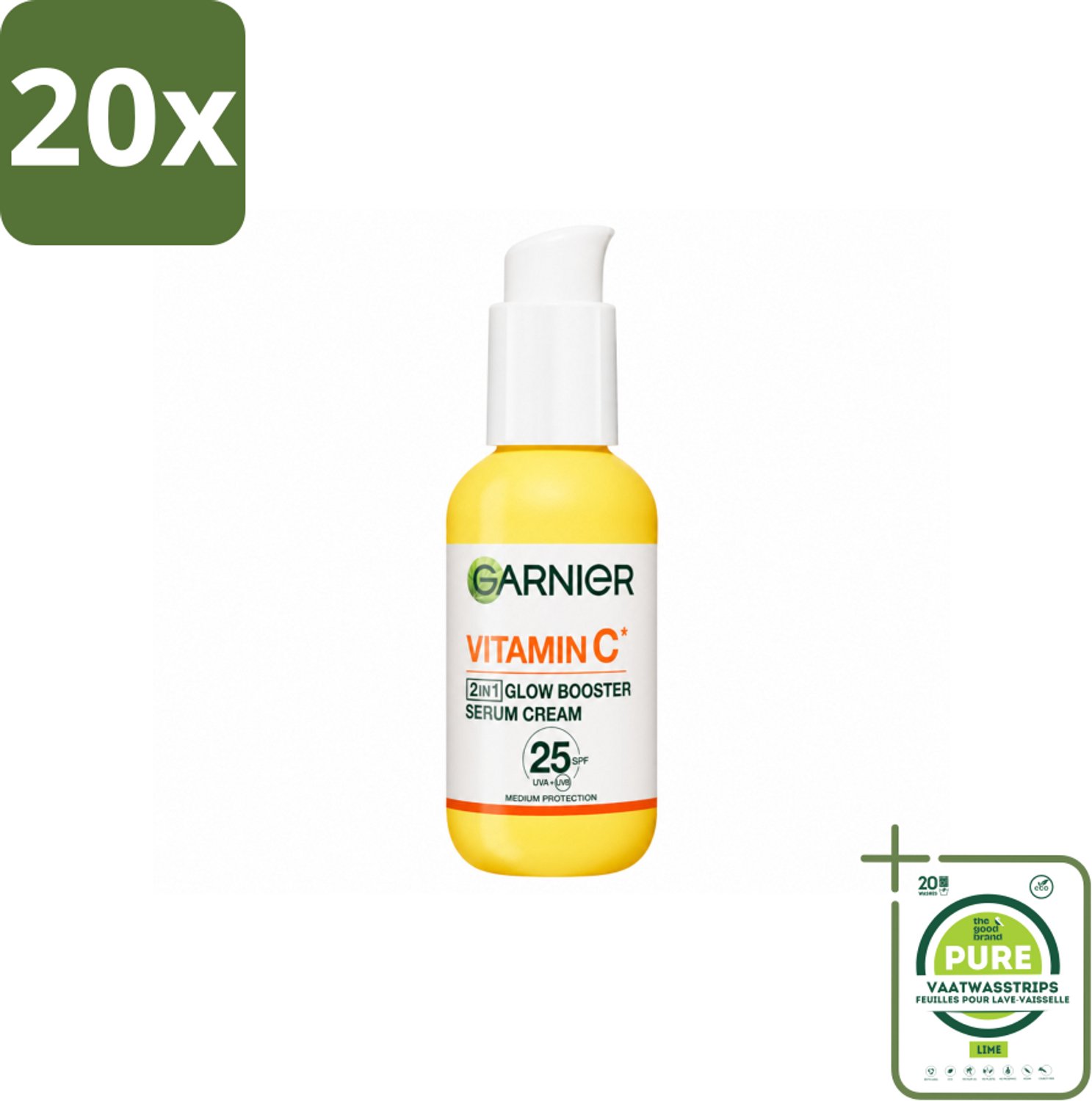 20 x Garnier - SkinActive - Serum Cream - Glow Booster - Vitamine C & SPF 25 - 50 ml - Grootverpakking - Vaatwasstrips - Glow Booster - Vitamine C - SPF 25 - Huidverlichting - Pigmentvlekken