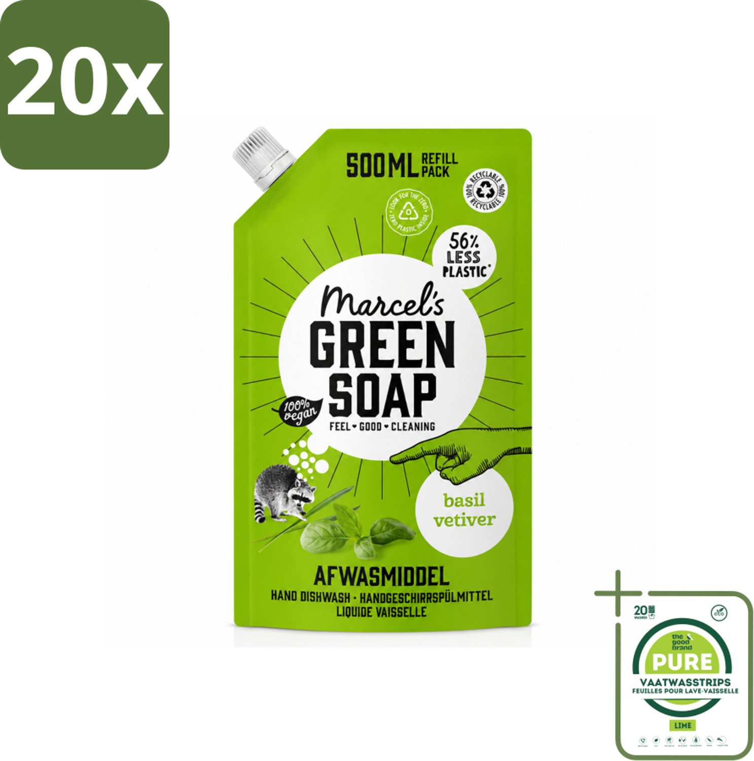 20 x Marcel's Green Soap - Navulling - Afwasmiddel - Basilicum & Vetiver Gras - Plantaardig & duurzaam - 500 ml - Grootverpakking - Vaatwasstrips - Afwasmiddel - Navulverpakking - Basilicum - Vetiver - Plantaardig