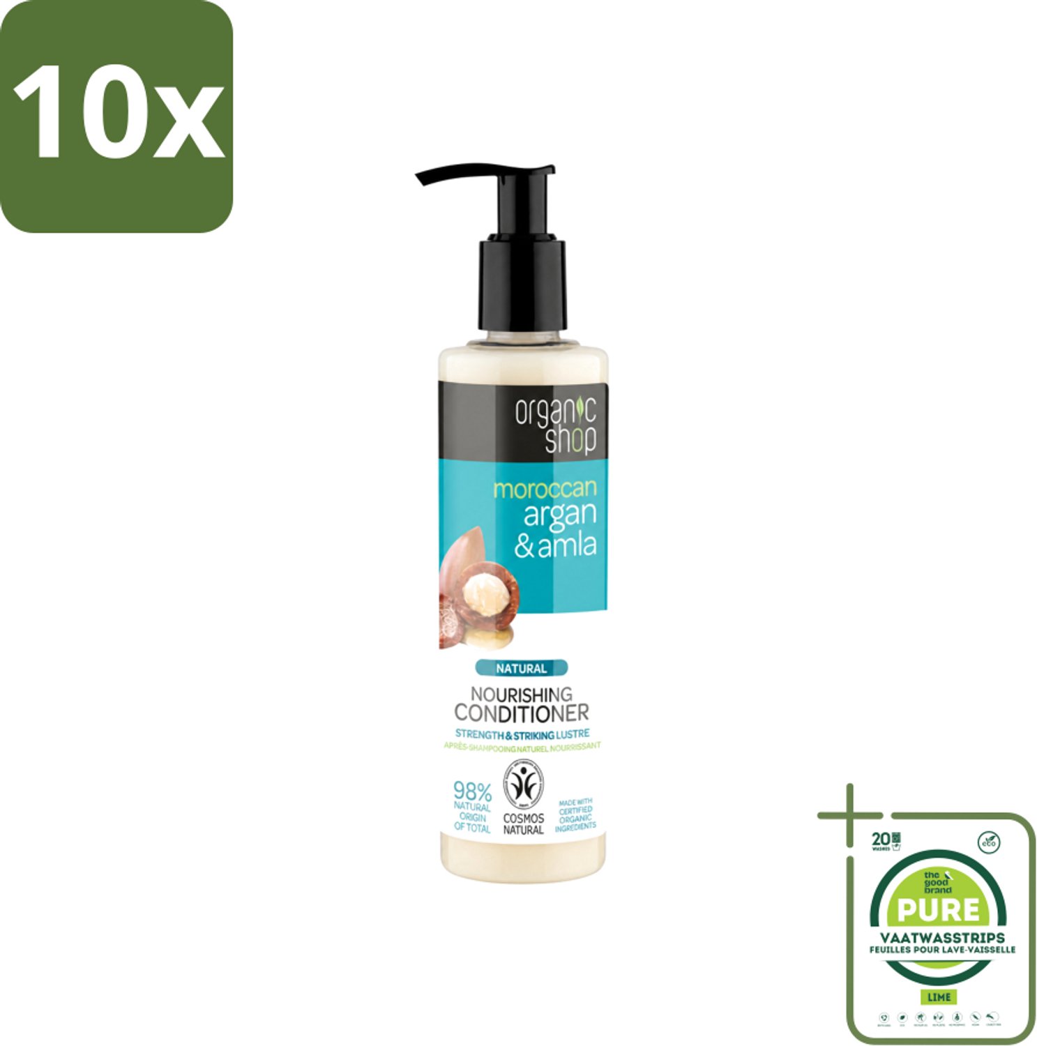 10 x Organic Shop - Conditioner Argan & Amla - Hydraterend en Verzorgend - 280 ml - Grootverpakking - Vaatwasstrips - Gekleurd Haar - Glans - Voeding - Natuurlijke Kleur - Haar Verzorging