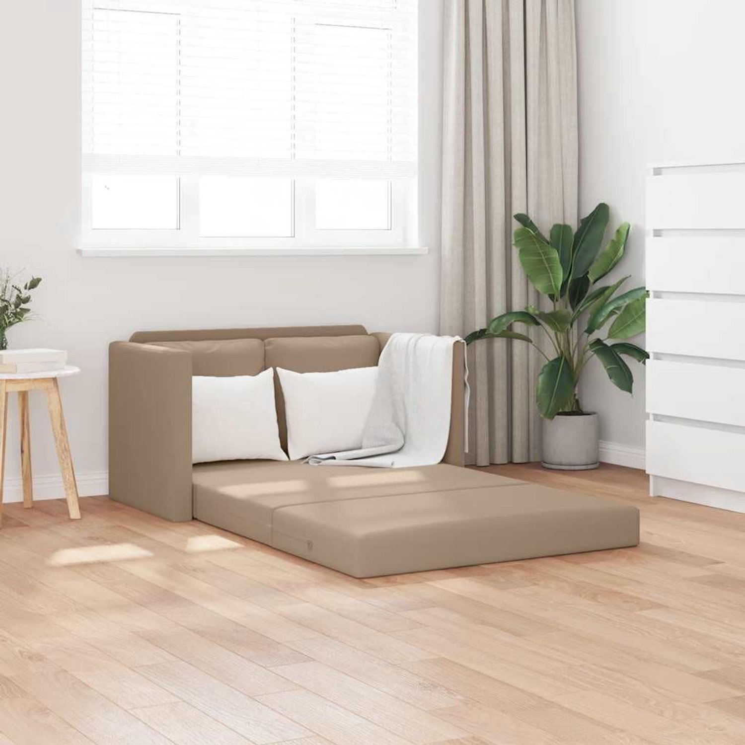 Vloerbank met slaapfunctie, cappuccino-bruin, kunstleer, 2-in-1 opvouwbaar slaapbed, metalen frame, stabiele zitgelegenheid