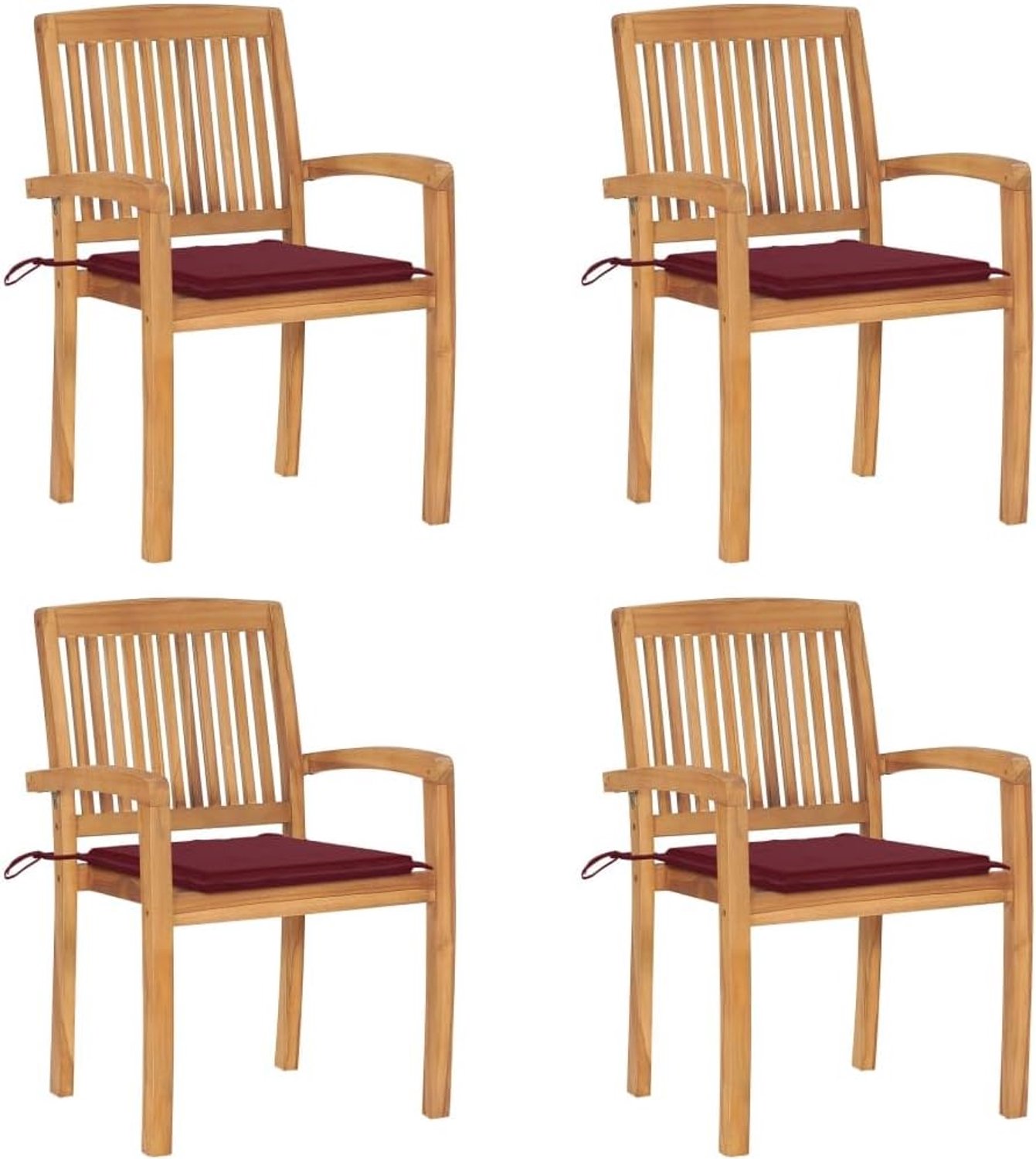 Stapelbare tuinstoelen van massief hout teak met kussens, 4 stuks, voor eetkamer, terras en balkon, weerbestendige houten stoelen om te stapelen met zachte kussens voor comfort, elegant