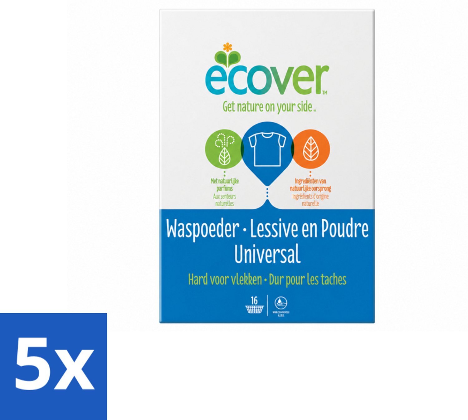 5 x Ecover - Waspoeder Universal - Voor witte & bonte was - 1,2 kg - Voordeelverpakking - 5 stuks