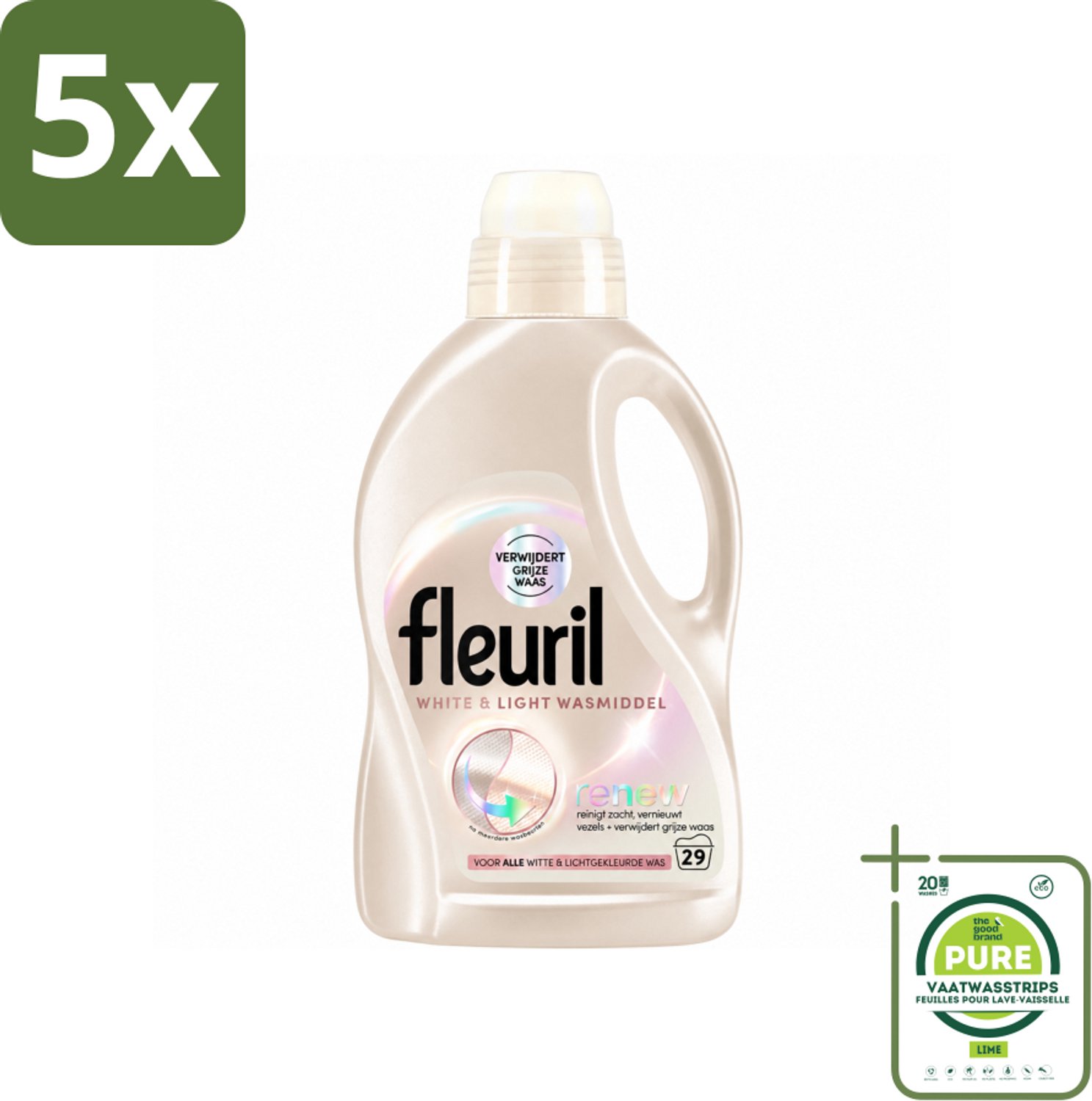 5 x Fleuril - Wasmiddel - White & Light Wasmiddel - Witte & Lichte Was - 29 wasbeurten - Grootverpakking - Vaatwasstrips - Wit Wasmiddel - Licht Wasmiddel - Vloeibaar Wasmiddel - Wasbeurten - Helderheid Behouden