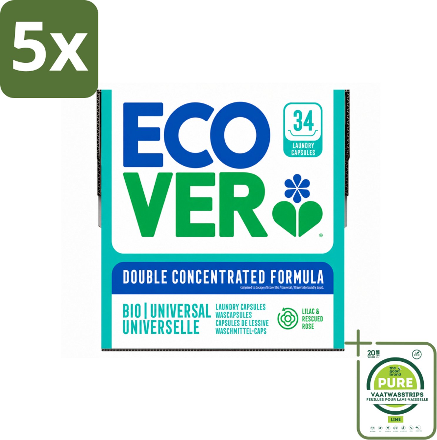 5 x Ecover - Waspods - Universeel - Geconcentreerde formule - 34 wasbeurten - Grootverpakking - Vaatwasstrips - Wasbeurt - Wasmachine - Waskracht - Duurzaam Wasmateriaal - Natuurlijke Ingrediënten