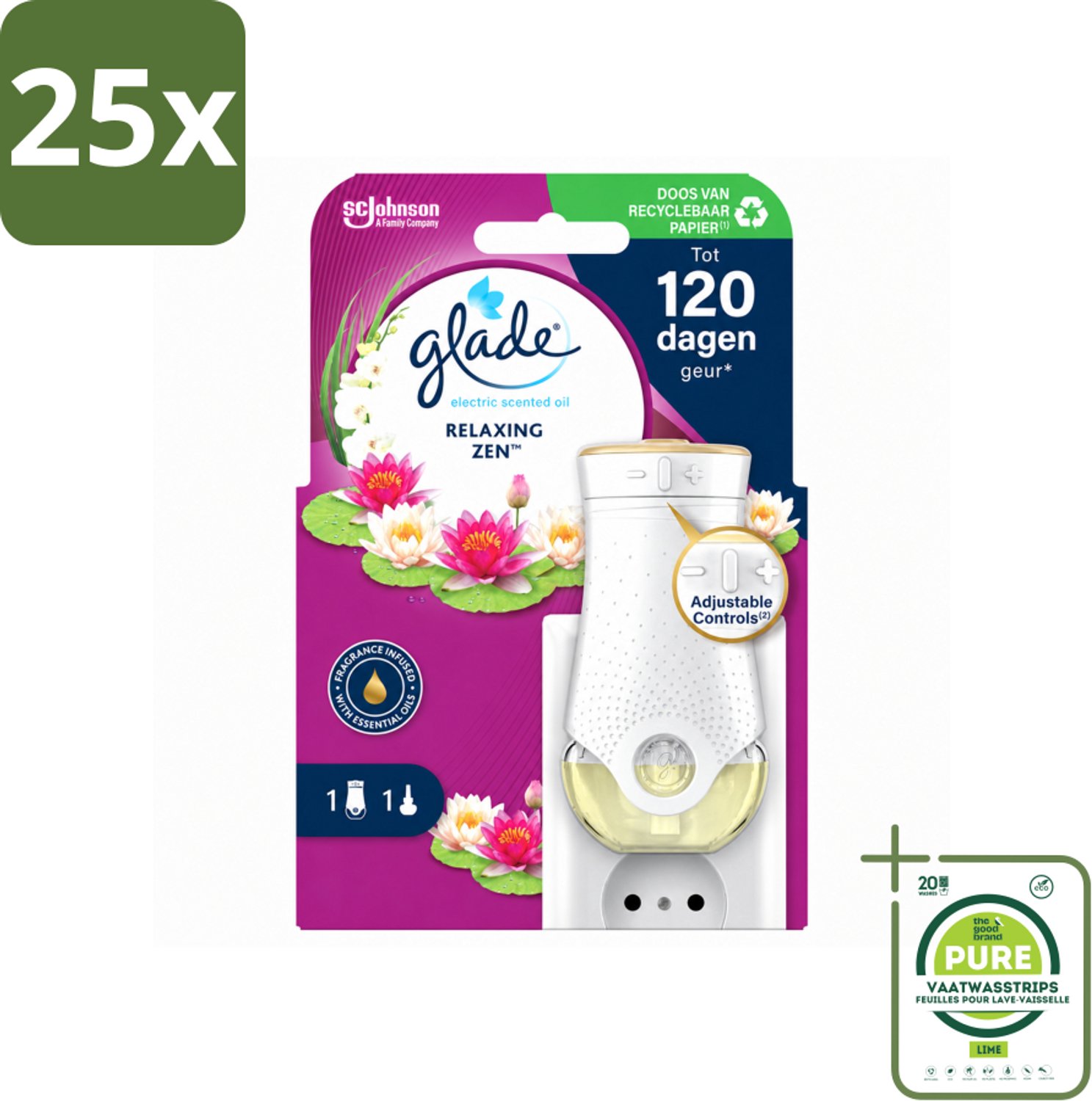 25 x Glade - Houder Elektrische Olie - Relaxing Zen - Grootverpakking - Vaatwasstrips - Relaxatie - Ontspanning - Geur - Sfeer - Sfeerontspanning