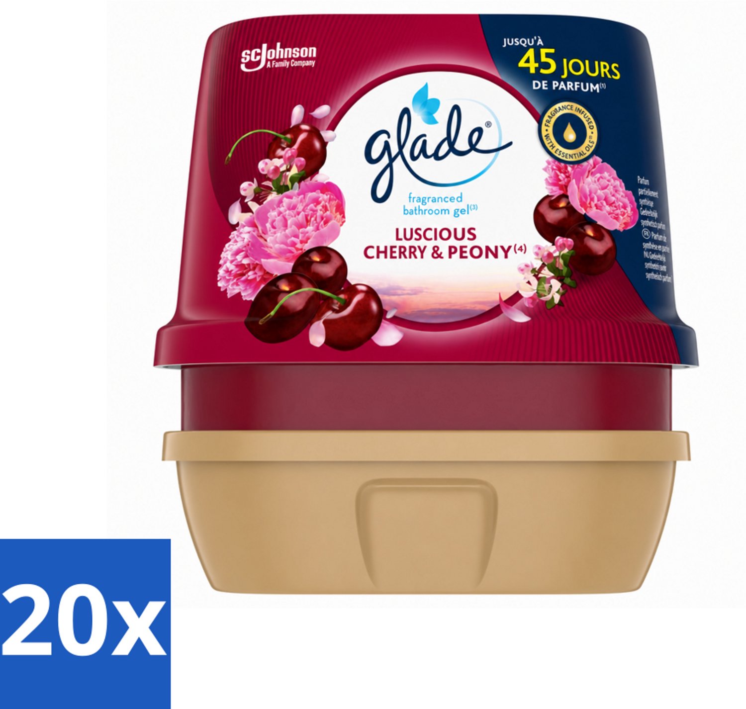 20 x Glade - Badkamer Gel - Luscious Kers & Pioenroos - 180 g - Voordeelverpakking - 20 stuks