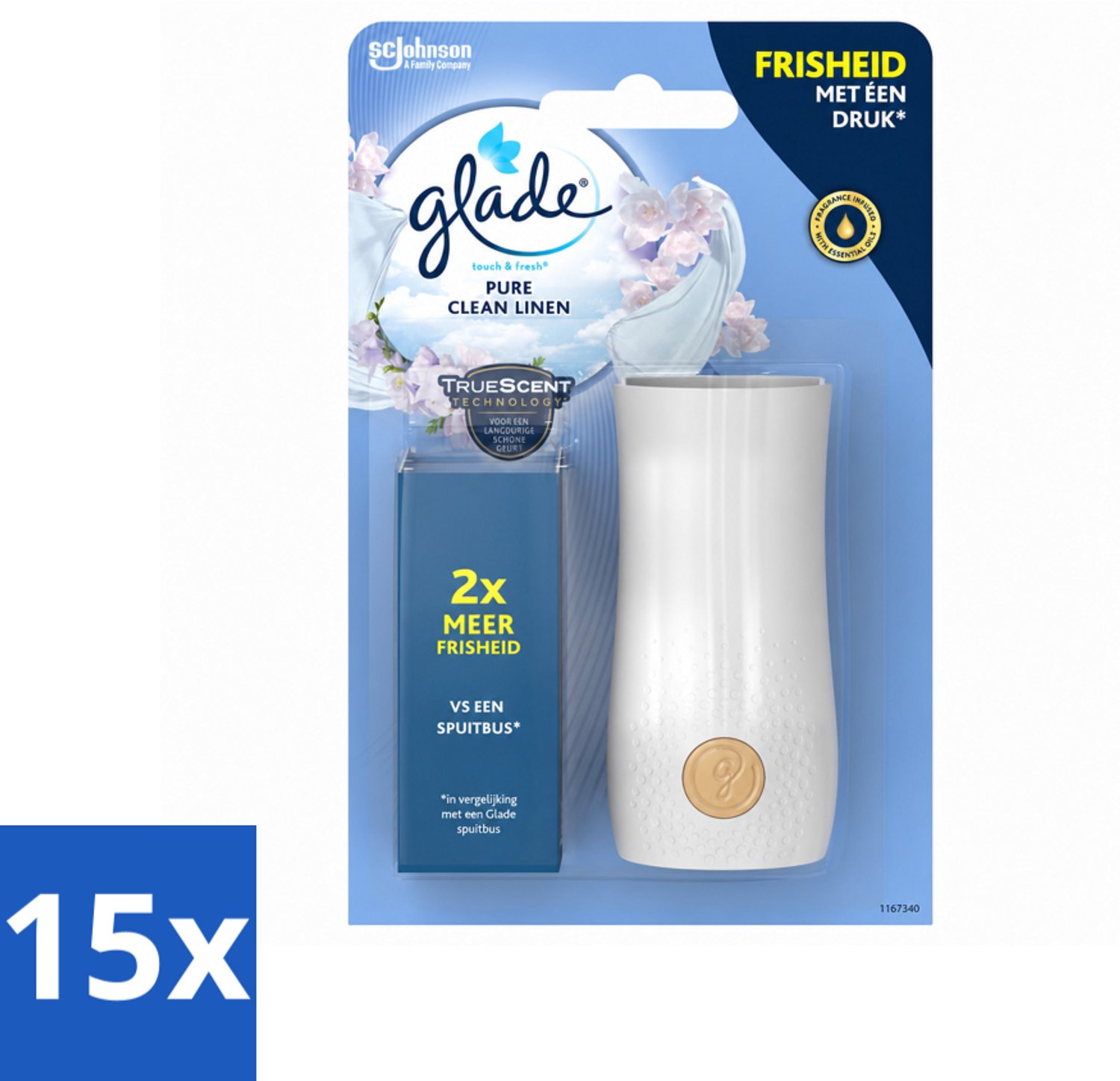 15 x Glade - Houder Touch & Fresh - Pure Clean Linen - 10 ml - Voordeelverpakking - 15 stuks