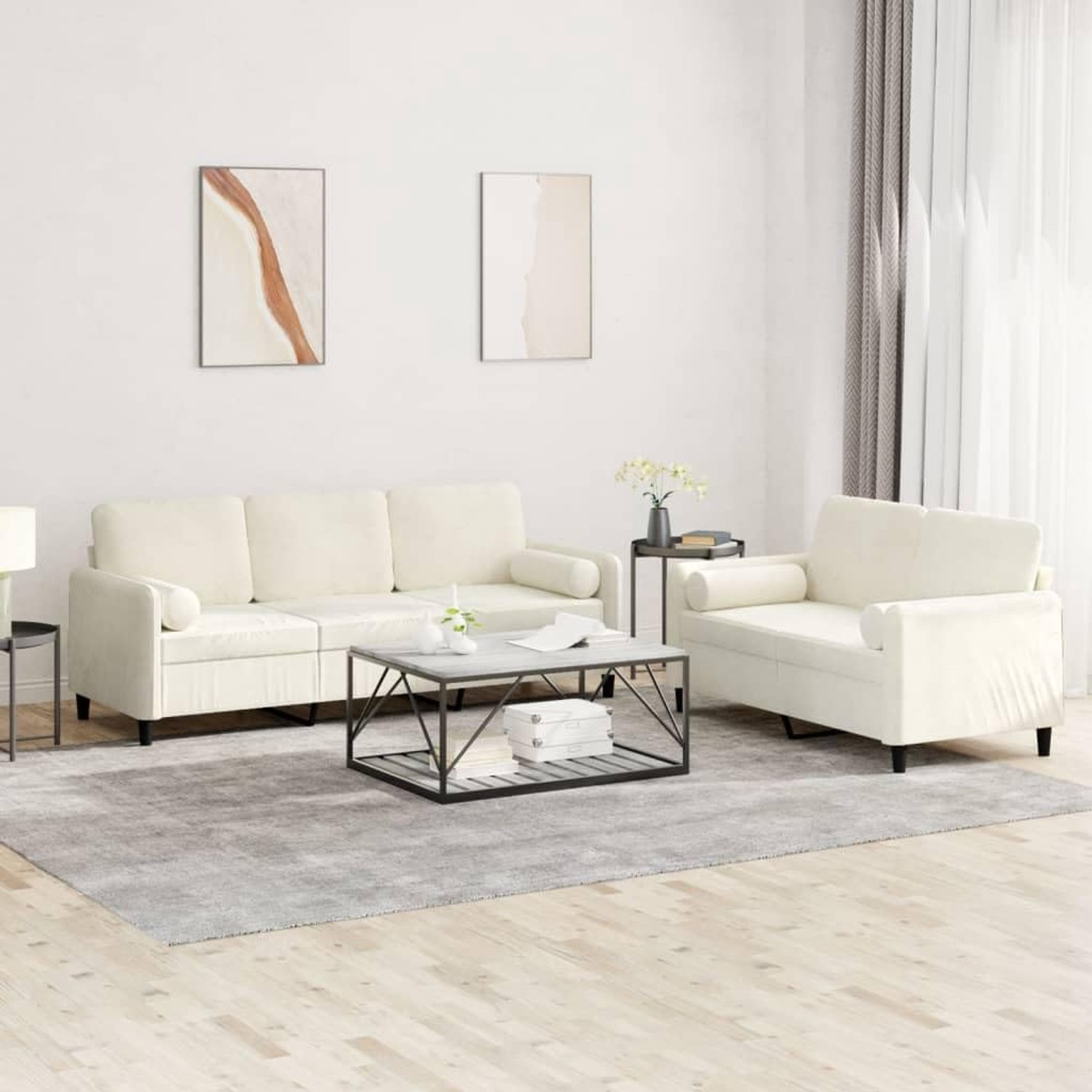 2-delige bankset met kussen, crème, fluweel en gestoffeerde bank, fluwelen bekleding voor woonkamer met robuust frame en comfortabele zitvlakken