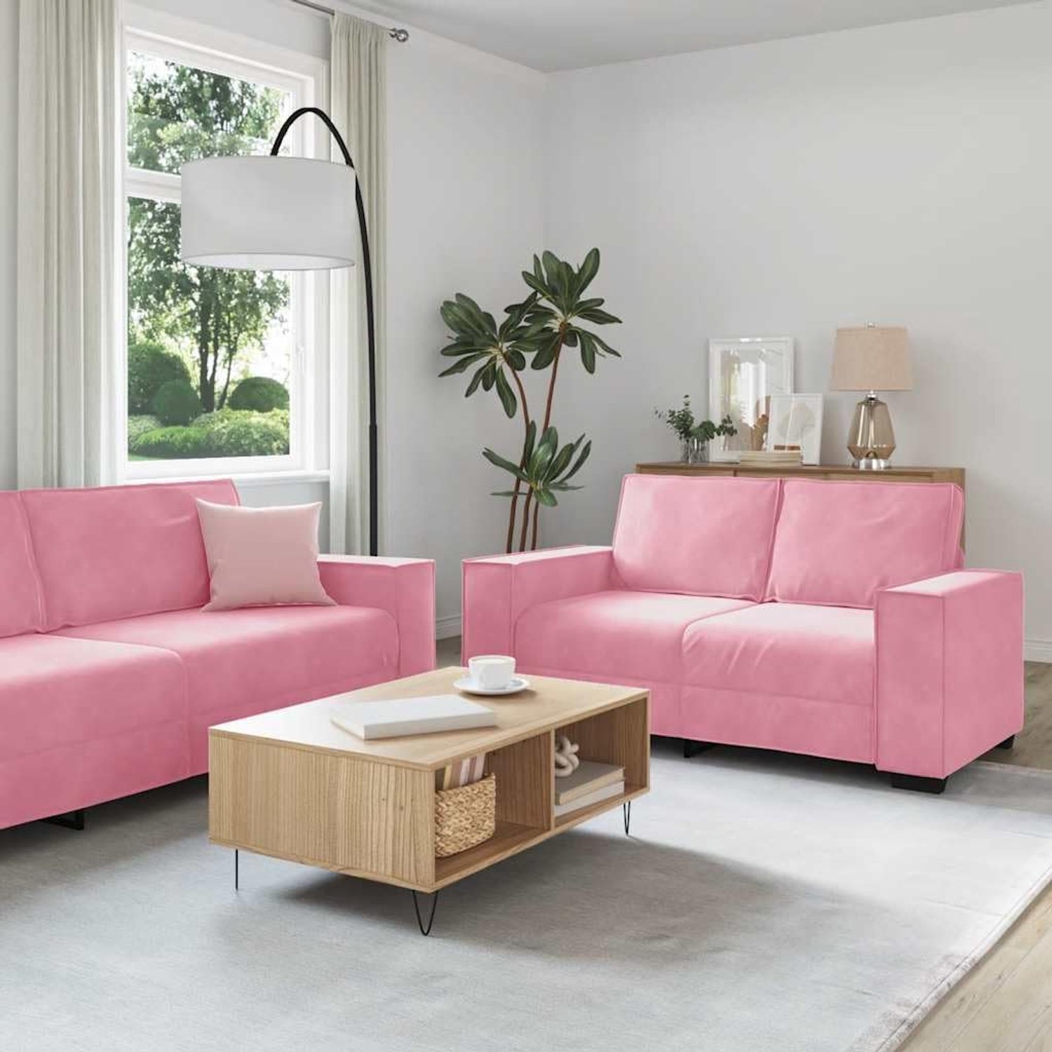 3-delige bankset met kussen, roze fluweel, zitgroep, bankstel voor woonkamer en kantoor, met zacht polyesterweefsel en robuust houten metalen frame