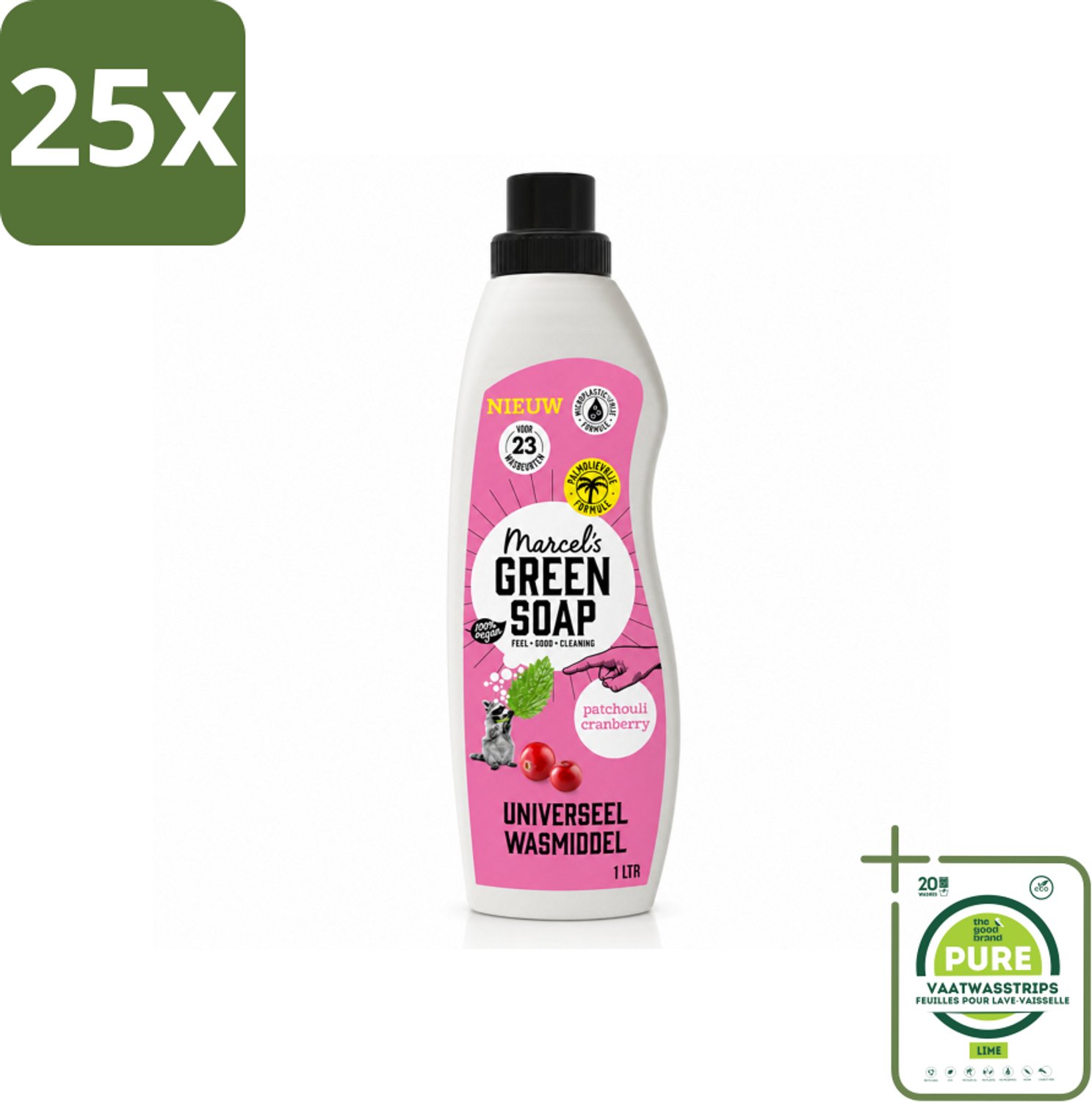 25 x Marcel's Green Soap - Vloeibaar Wasmiddel - Patchouli & Cranberry - Effectief & natuurlijk - 23 Wasbeurten - 1 liter - Grootverpakking - Vaatwasstrips - Wasmiddel - Natuurlijke Zeep - Plantaardig - Milieuvriendelijk - Wasbeurt