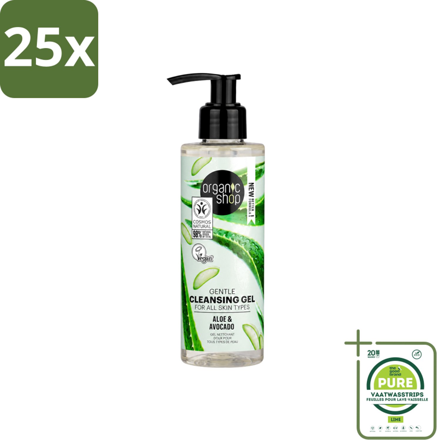 25 x Organic Shop - Cleansing Gel Avocado & Aloe - Verfrissend en Hydraterend - 200 ml - Grootverpakking - Vaatwasstrips - Gezichtsreiniger - Natuurlijke Reiniging - Avocado-olie - Aloë-extract - Hydraterende Gel