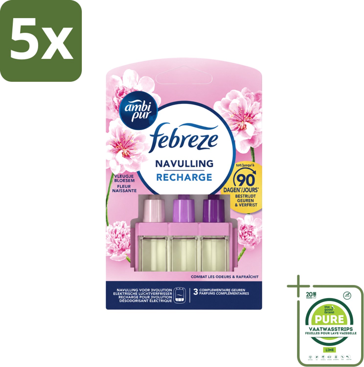 5 x Ambi Pur - 3Volution - Navulling - Vleugje Bloesem - 20 ml - Grootverpakking - Vaatwasstrips - Geurverspreider - Frisheid - Bloesem - Geur - Geurwisseling