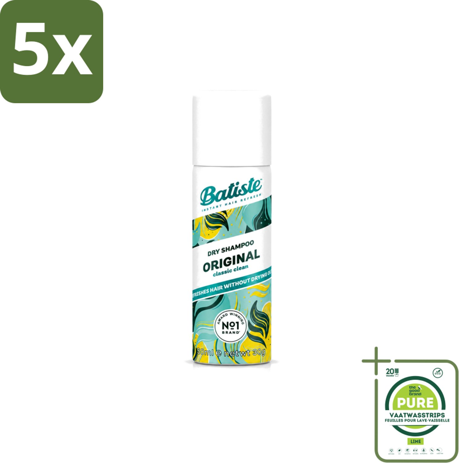 5 x Batiste - Classic Clean - Droogshampoo - Koele en Schone Geur - Verfrist en Geeft Grip - 50ml - Grootverpakking - Vaatwasstrips - Fris Haar - Droogshampoo - Haarkleur - Haartype - Haarspray