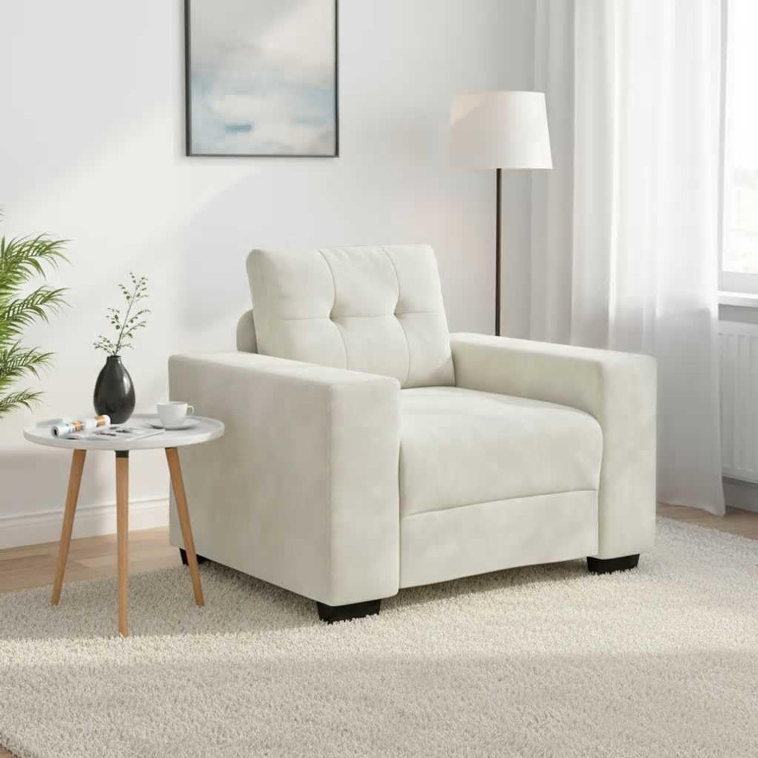 Bekleding, televisiestoel met fluwelen bekleding en multiplex-armleuningen, fauteuil crème 100 x 78 x 80 cm, zachte fluwelen stof voor comfort, robuust frame van metaal en hout