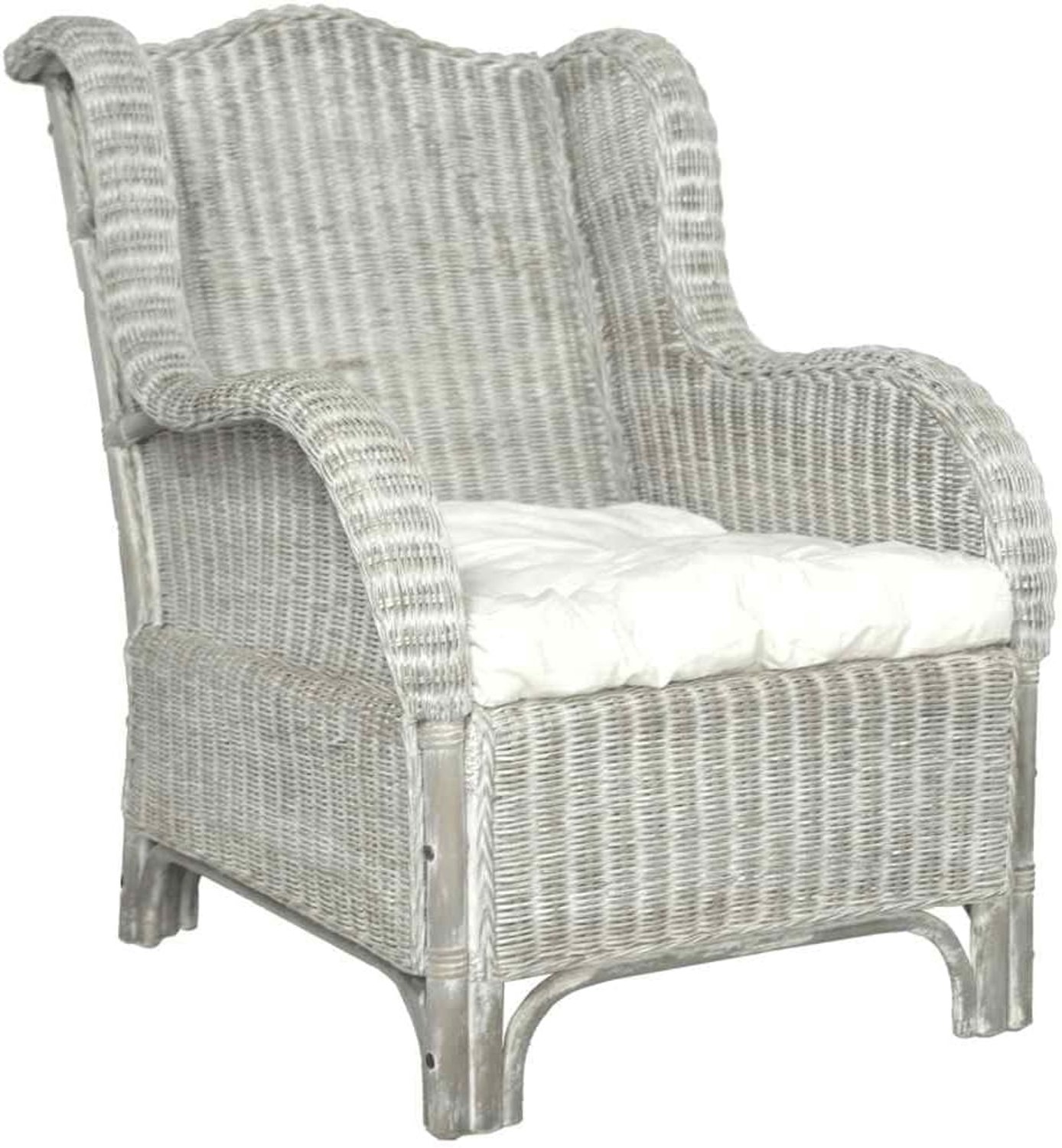 Rotan stoel met kussen grijs van natuurlijke materialen - fauteuil van natuurlijk rotan en linnen voor woonkamer en terras