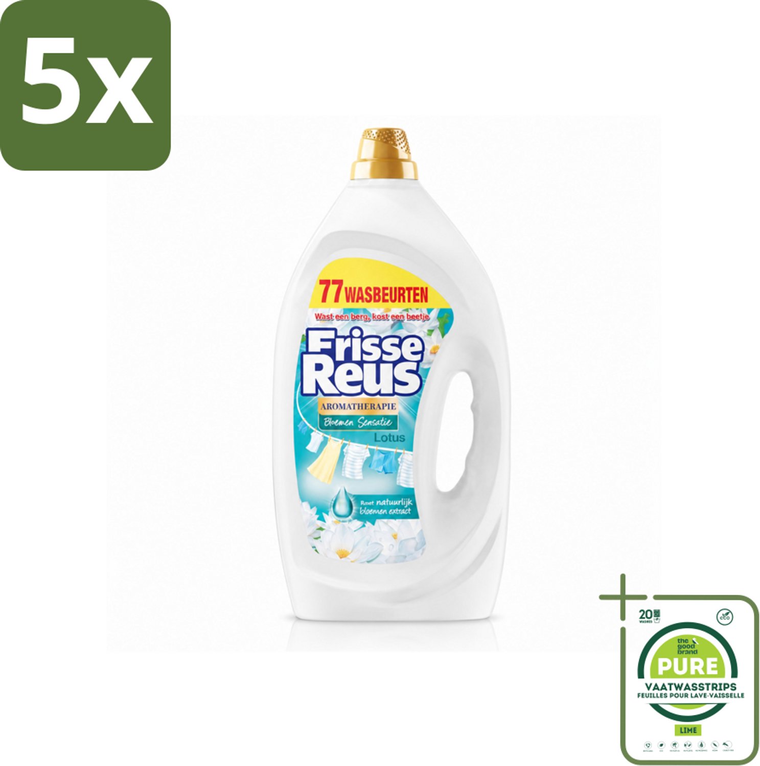 5 x Frisse Reus - Vloeibaar Wasmiddel - Lotus - Witte Was - 77 Wasbeurten - Grootverpakking - Vaatwasstrips - Witte Was - Frisse Was - Waskracht - Wasmiddel - Lotusgeur