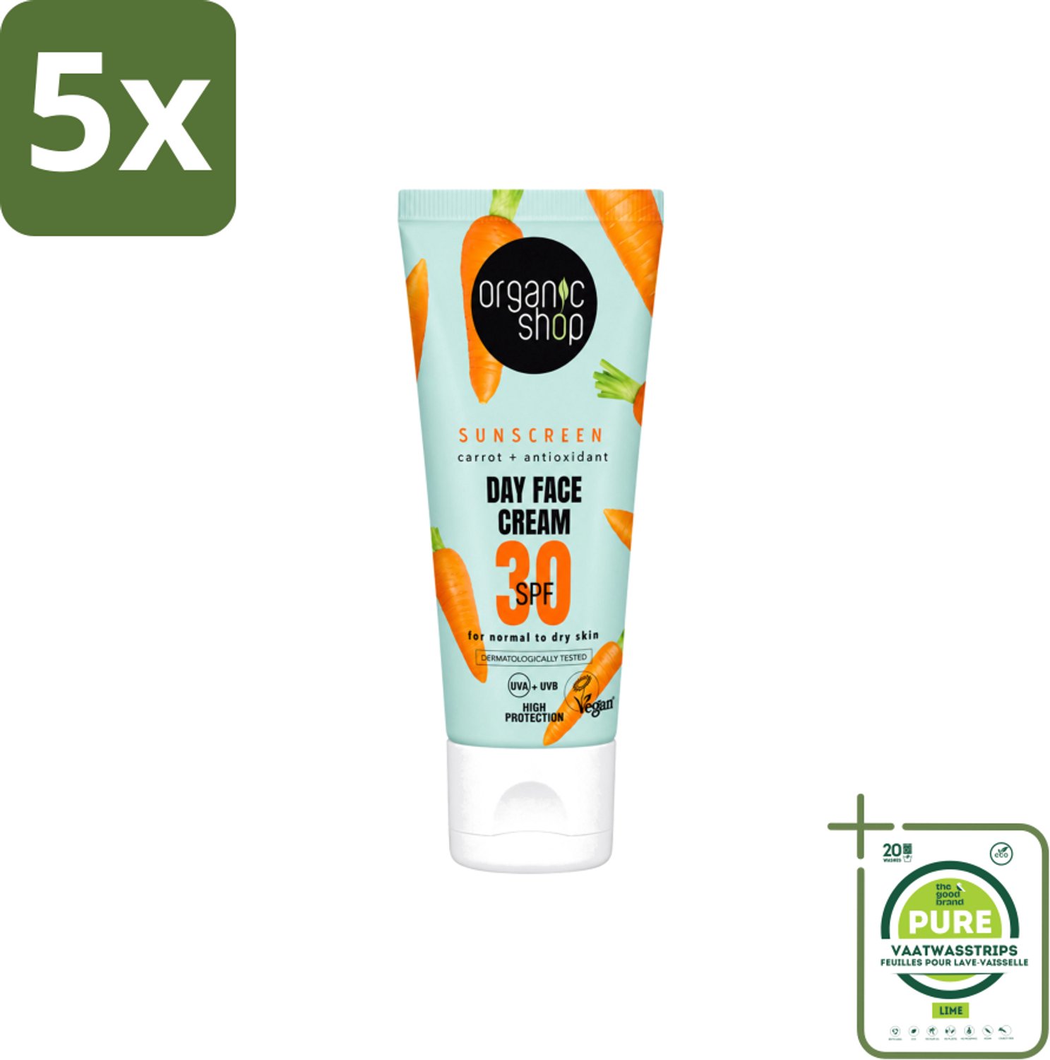 5 x Organic Shop - Zonnebrandcrème Gezicht SPF 30 - Normale Huid - 50 ml - Grootverpakking - Vaatwasstrips - Zonbescherming - Gezichtscreme - SPF 30 - Natuurlijke Zonnebrand - Huidbescherming